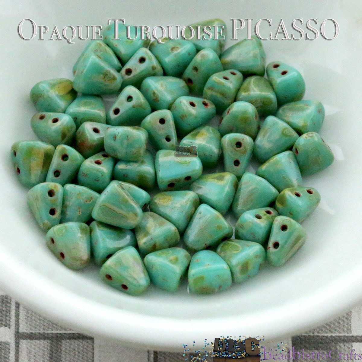 50pcs Czech NIB-BIT beads - new 2 hole Nib Bit - Opaque Turquoise PICASSO - 6x5mm