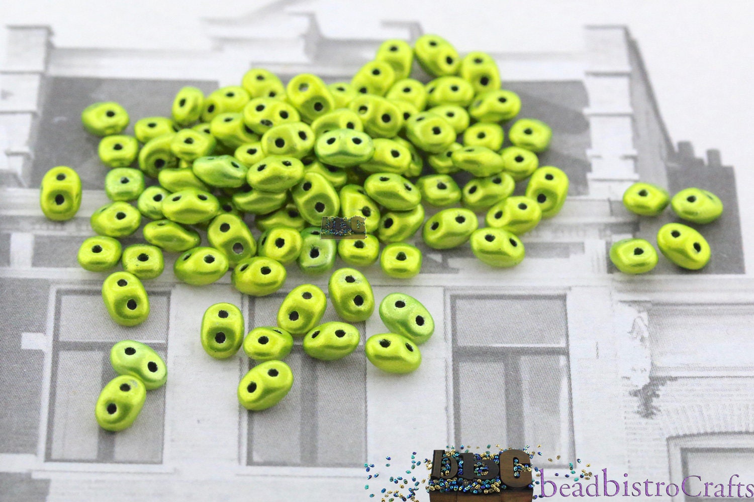 10g Czech SuperDuo 2-hole Beads - METALUST ELECTRIC Green * 2.5x5mm