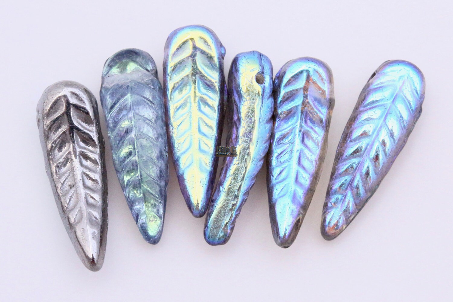 Czech Glass Bird Feather beads - 16 or 48pcs - Crystal GRAPHITE RAINBOW - 5x17mm - Czech glass Feather Daggers