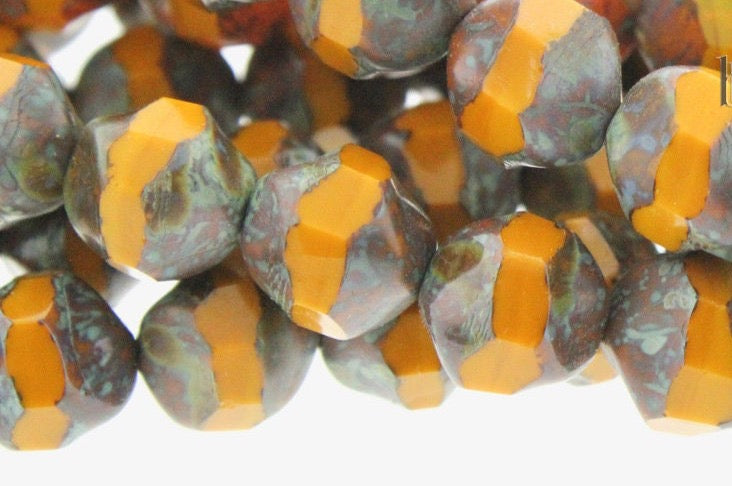 15pc strand CENTRAL CUT Round facetted Czech glass beads - Mustard Yellow Ochre with Green & Brown TRAVERTINE ** 9x10mm