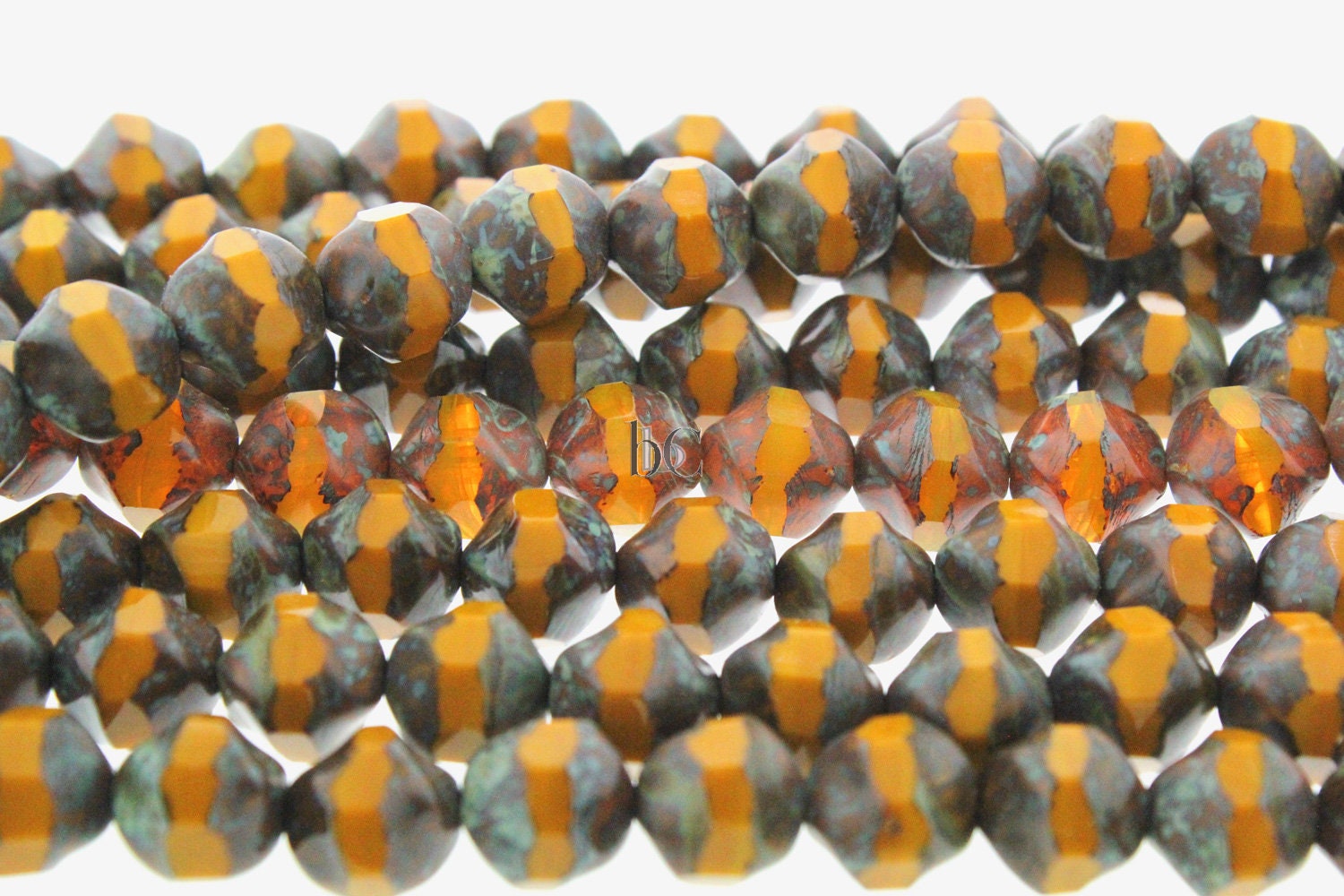 15pc strand CENTRAL CUT Round facetted Czech glass beads - Mustard Yellow Ochre with Green & Brown TRAVERTINE ** 9x10mm