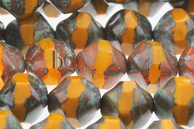 15pc strand CENTRAL CUT Round facetted Czech glass beads - Mustard Yellow Ochre with Green & Brown TRAVERTINE ** 9x10mm