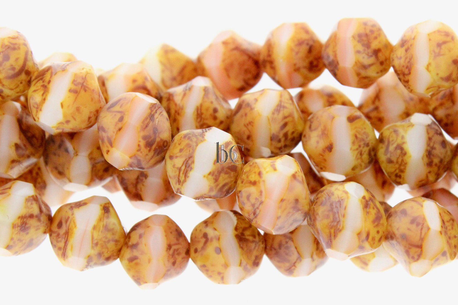 15pc strand CENTRAL CUT Round facetted Czech glass beads - Silky White & Pink with Brown TRAVERTINE ** 9x10mm