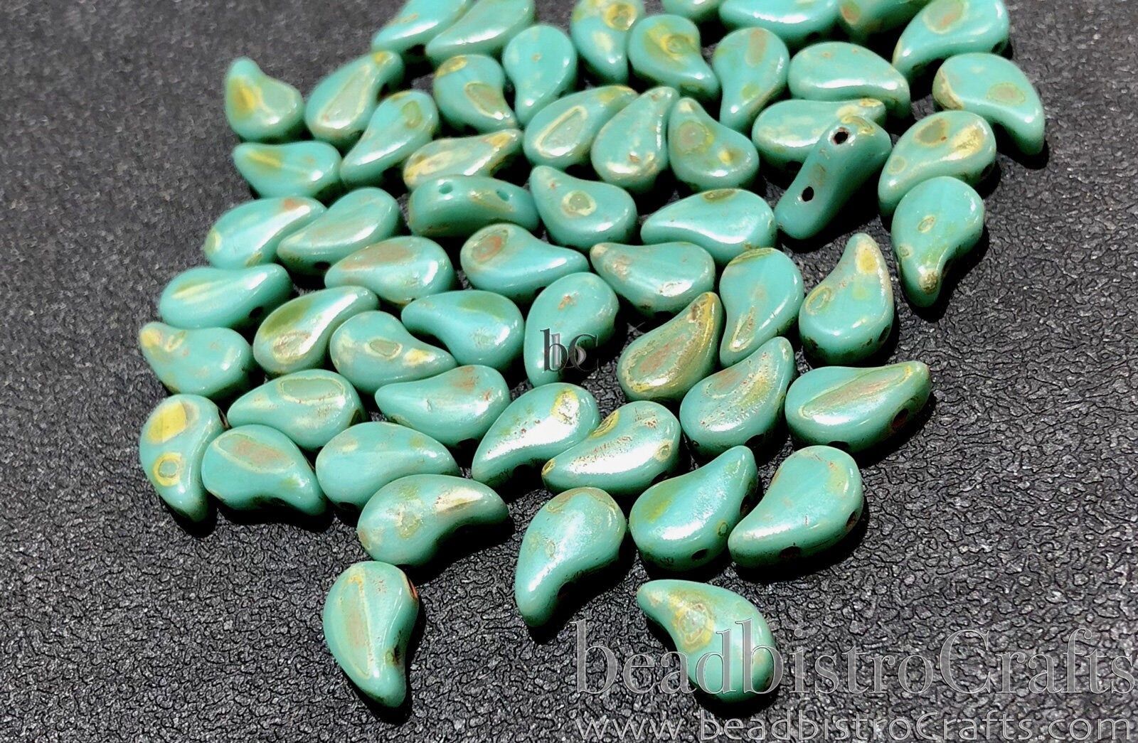 40pcs Czech PAISLEYDUO beads - 2 hole beads - Green Turquoise Dk TRAVERTINE - Paisley Duo bead - 5x8mm