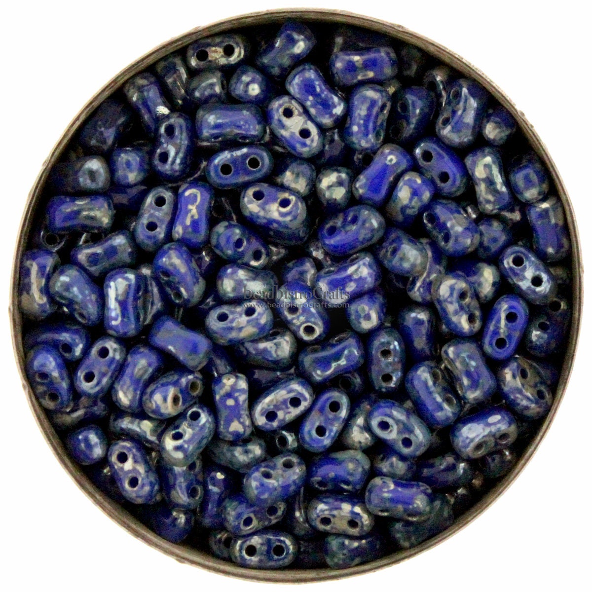 10g Czech Glass Bi-Bo bead - 2 hole beads Opaque Blue PICASSO (SILVER PICASSO) - Bow beads - 5.5x2.8mm