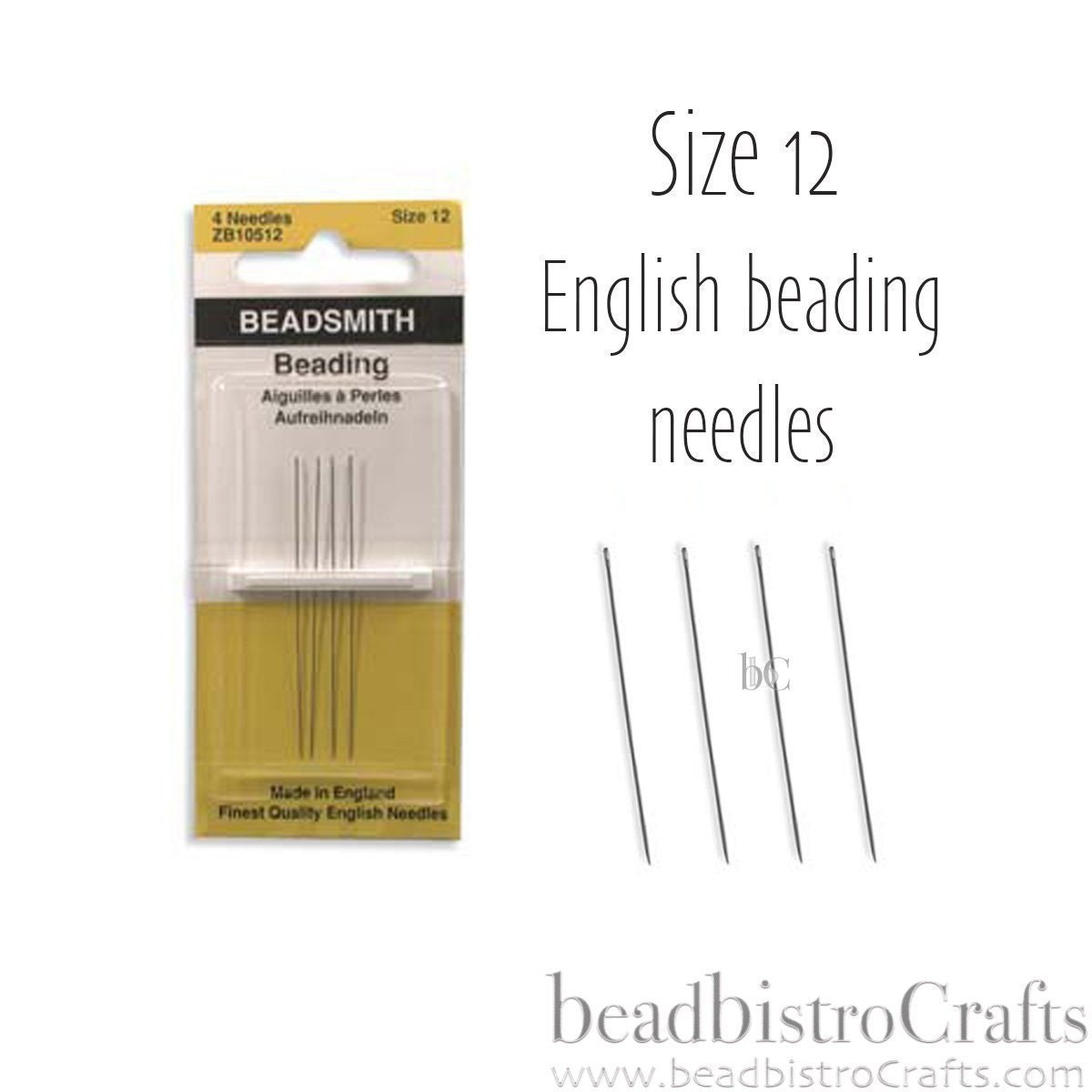 English Beading Needles - Size 12 - 4pc needle card - Beadsmith Beading needles - made in England