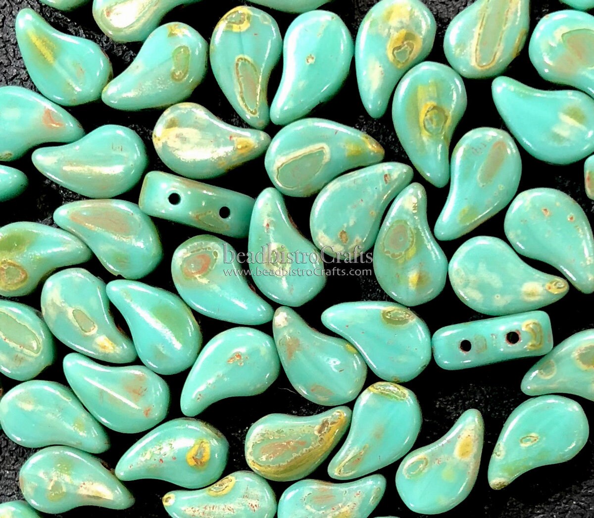 40pcs Czech PAISLEYDUO beads - 2 hole beads - Green Turquoise Dk TRAVERTINE - Paisley Duo bead - 5x8mm