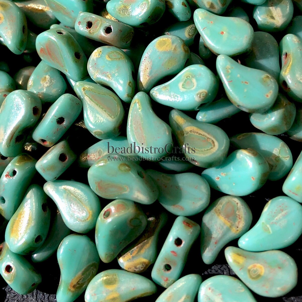 40pcs Czech PAISLEYDUO beads - 2 hole beads - Green Turquoise Dk TRAVERTINE - Paisley Duo bead - 5x8mm