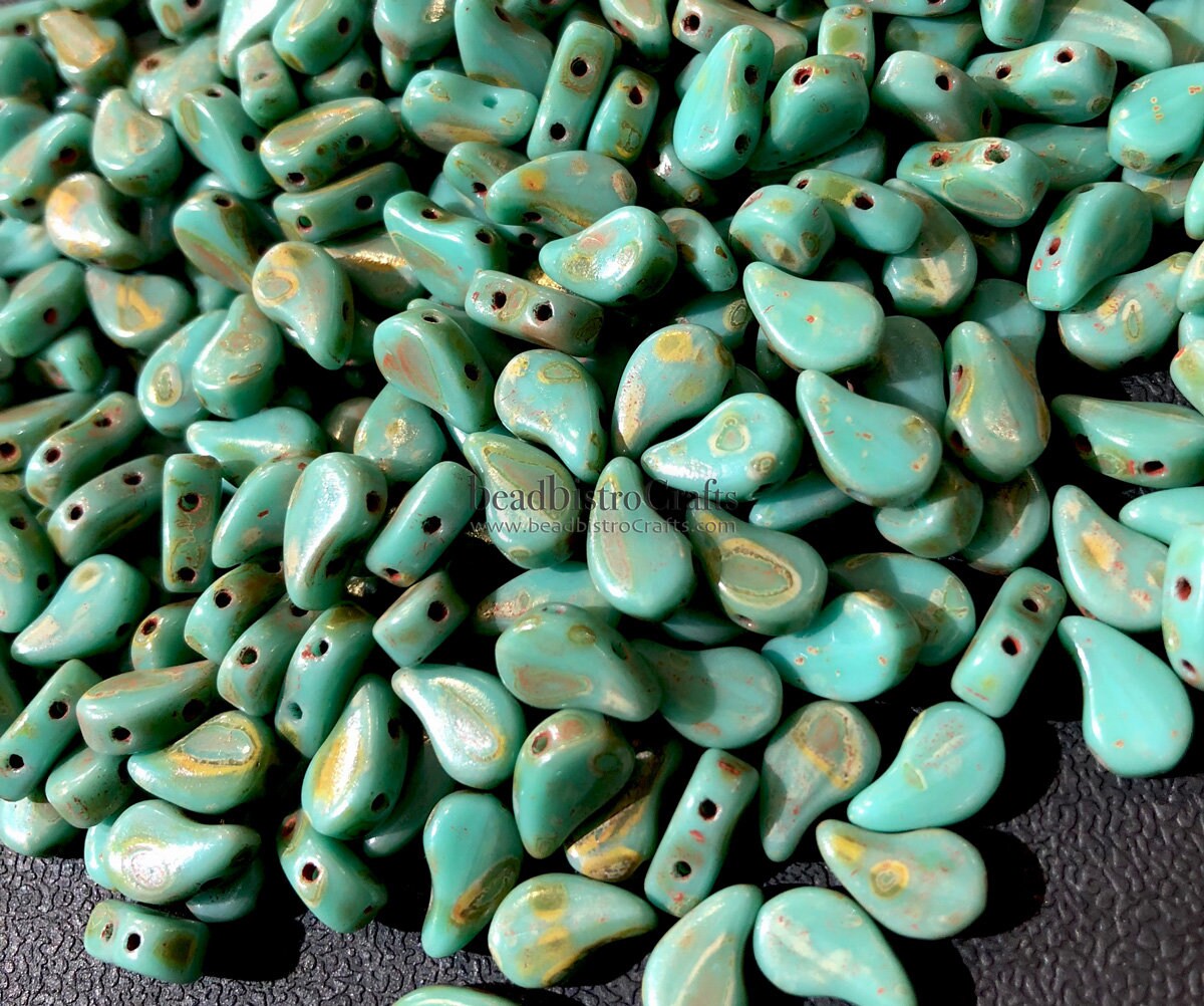 40pcs Czech PAISLEYDUO beads - 2 hole beads - Green Turquoise Dk TRAVERTINE - Paisley Duo bead - 5x8mm