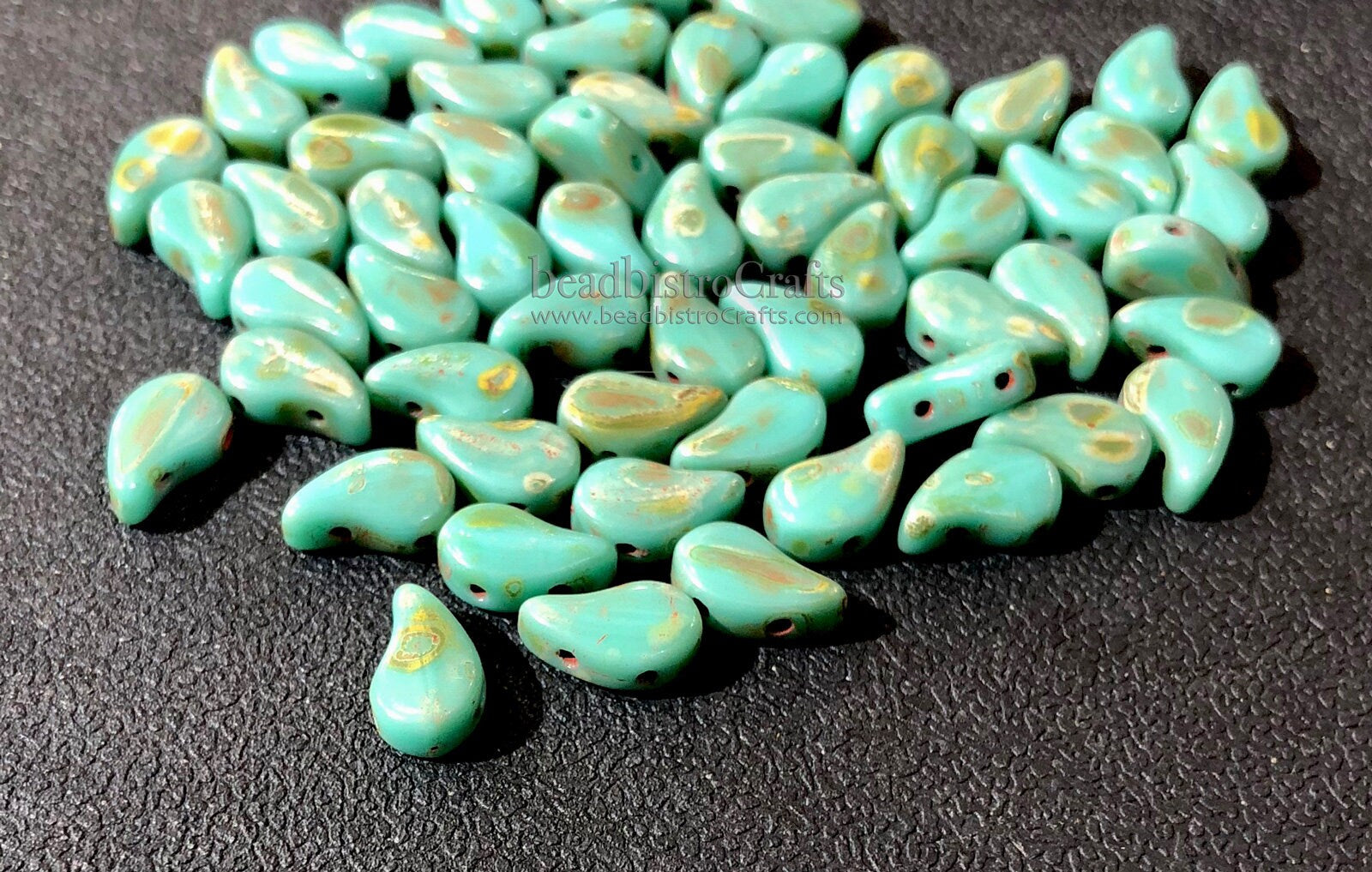 40pcs Czech PAISLEYDUO beads - 2 hole beads - Green Turquoise Dk TRAVERTINE - Paisley Duo bead - 5x8mm