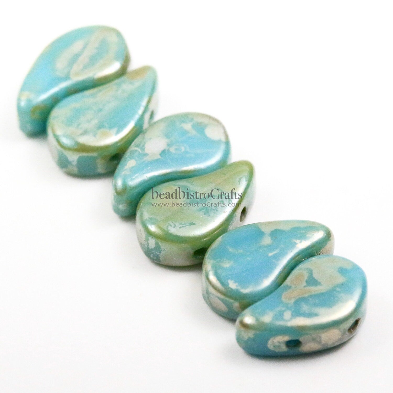 40pcs Czech PAISLEYDUO beads - 2 hole beads - Turquoise Blue REMBRANDT - Paisley Duo bead - 5x8mm