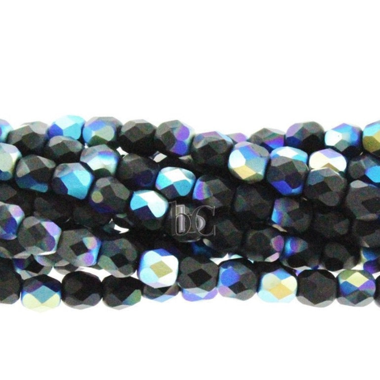 4mm Czech glass - 50 or 200pcs Fire polish bead - SEMI-MATTE Jet AB - 4mm Facetted beads - Firepolish