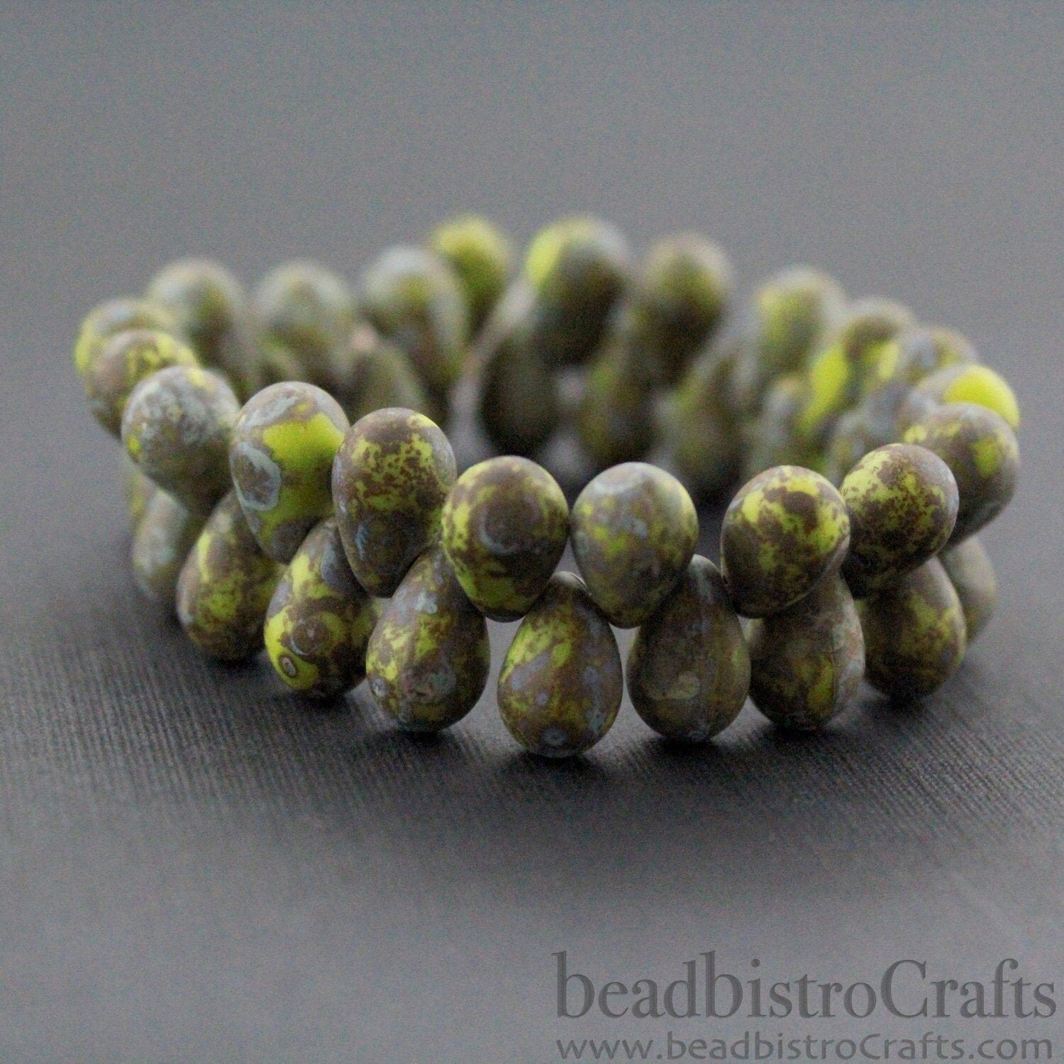 Czech Travertine drop beads 40pcs - glass top drilled tear drops - MATTED Opaque Olive BROWN TRAVERTINE - 6x9mm