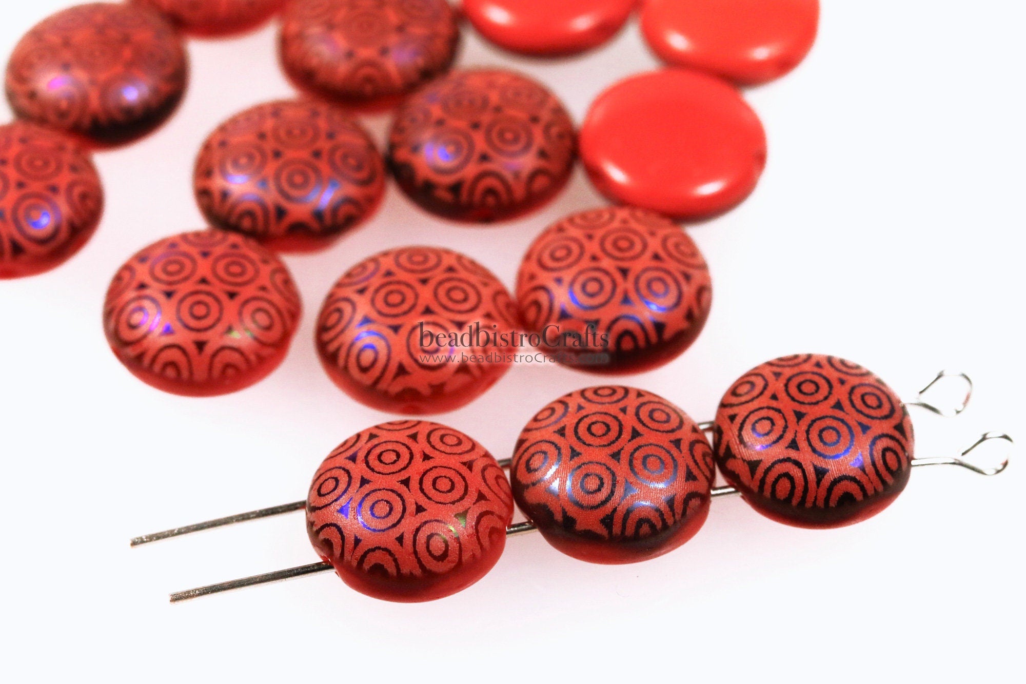 12pcs * Laser Tattoo 2-hole CANDY Cabochon Beads - 12mm Czech glass 2-hole Preciosa cabochons - CIRCLES or NAUTILUS Tattoo design