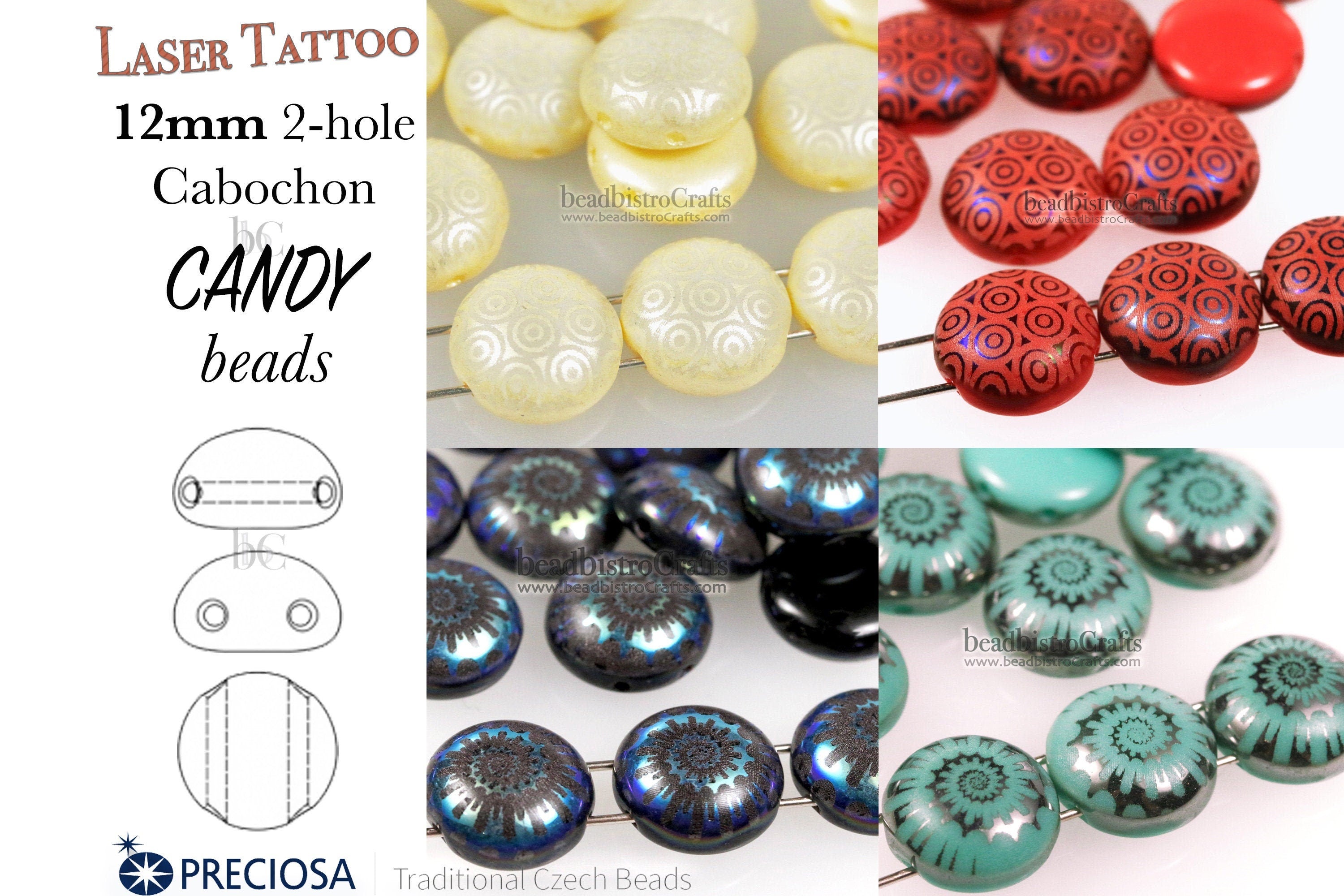 12pcs * Laser Tattoo 2-hole CANDY Cabochon Beads - 12mm Czech glass 2-hole Preciosa cabochons - CIRCLES or NAUTILUS Tattoo design