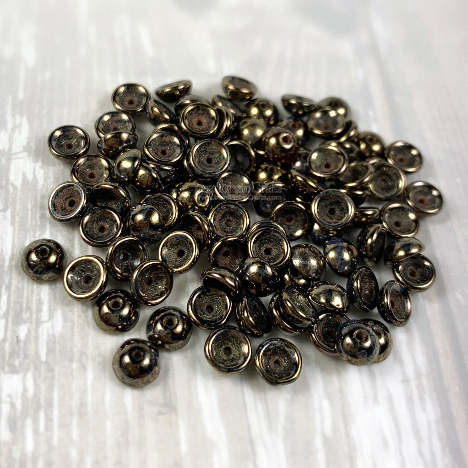 100pcs * NEW TeaCup bead 2x4mm Czech glass tea cup bead - Jet BRONZE PICASSO - 4mm glass bead cap beads