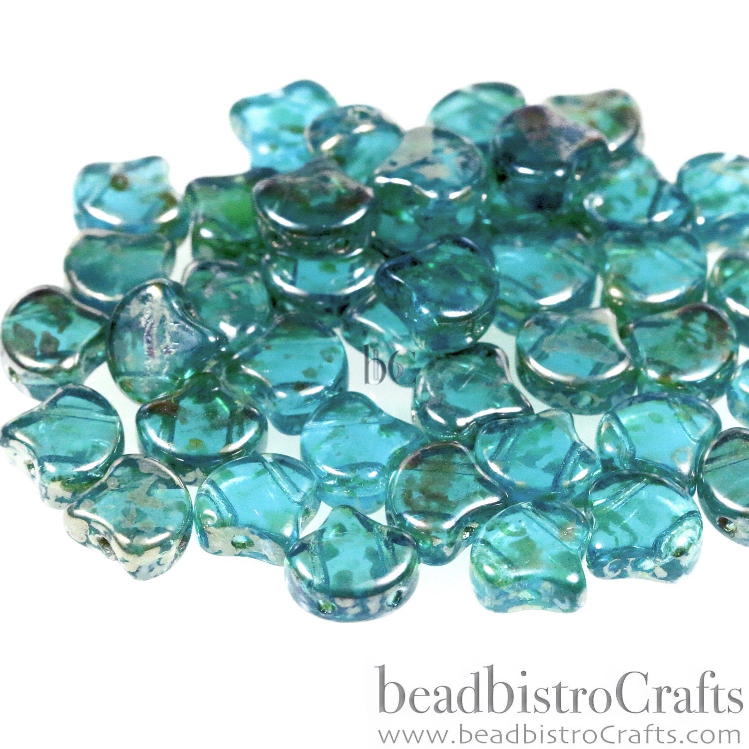 30pcs Czech 2-hole GINKO beads - Ginko Duo - Aquamarine REMBRANDT Ginko bead - 7.5x7.5mm