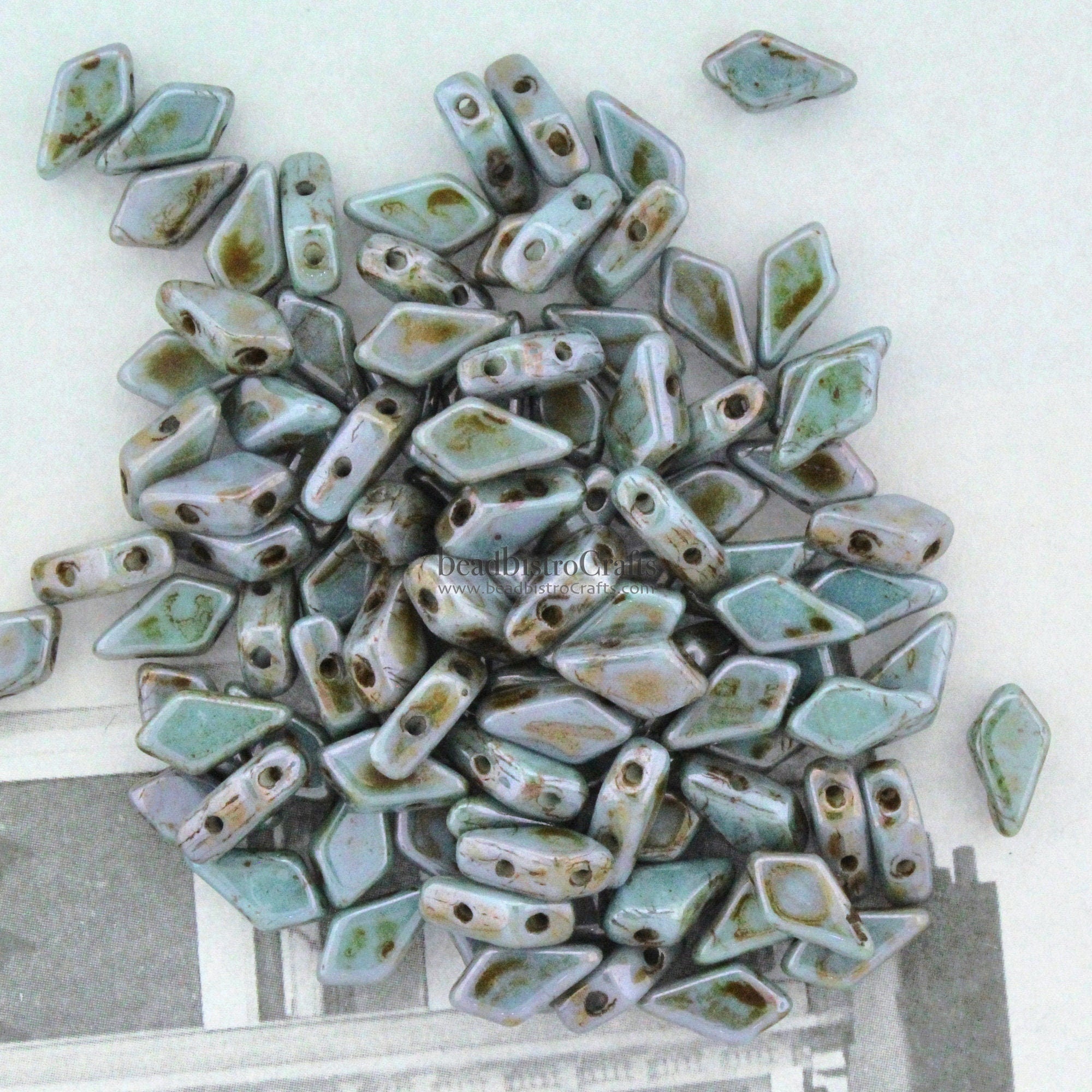 50pcs Czech KITE beads - new 2 hole beads - Chalk LAZURE BLUE Luster * 9x5mm - Kite shaped beads