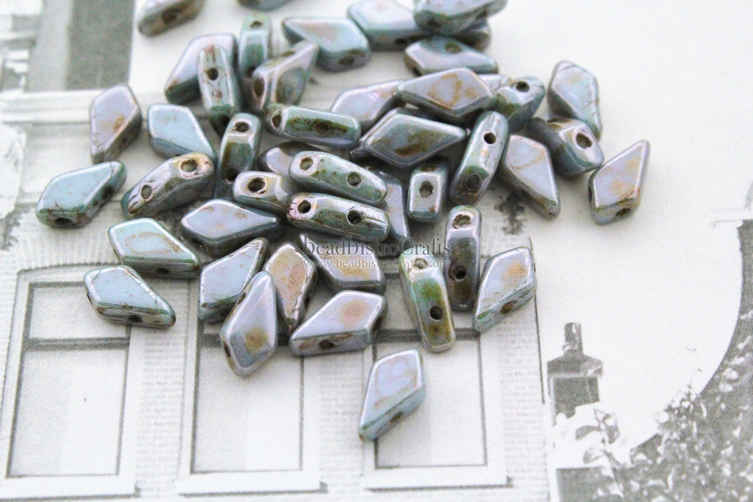 50pcs Czech KITE beads - new 2 hole beads - Chalk LAZURE BLUE Luster * 9x5mm - Kite shaped beads