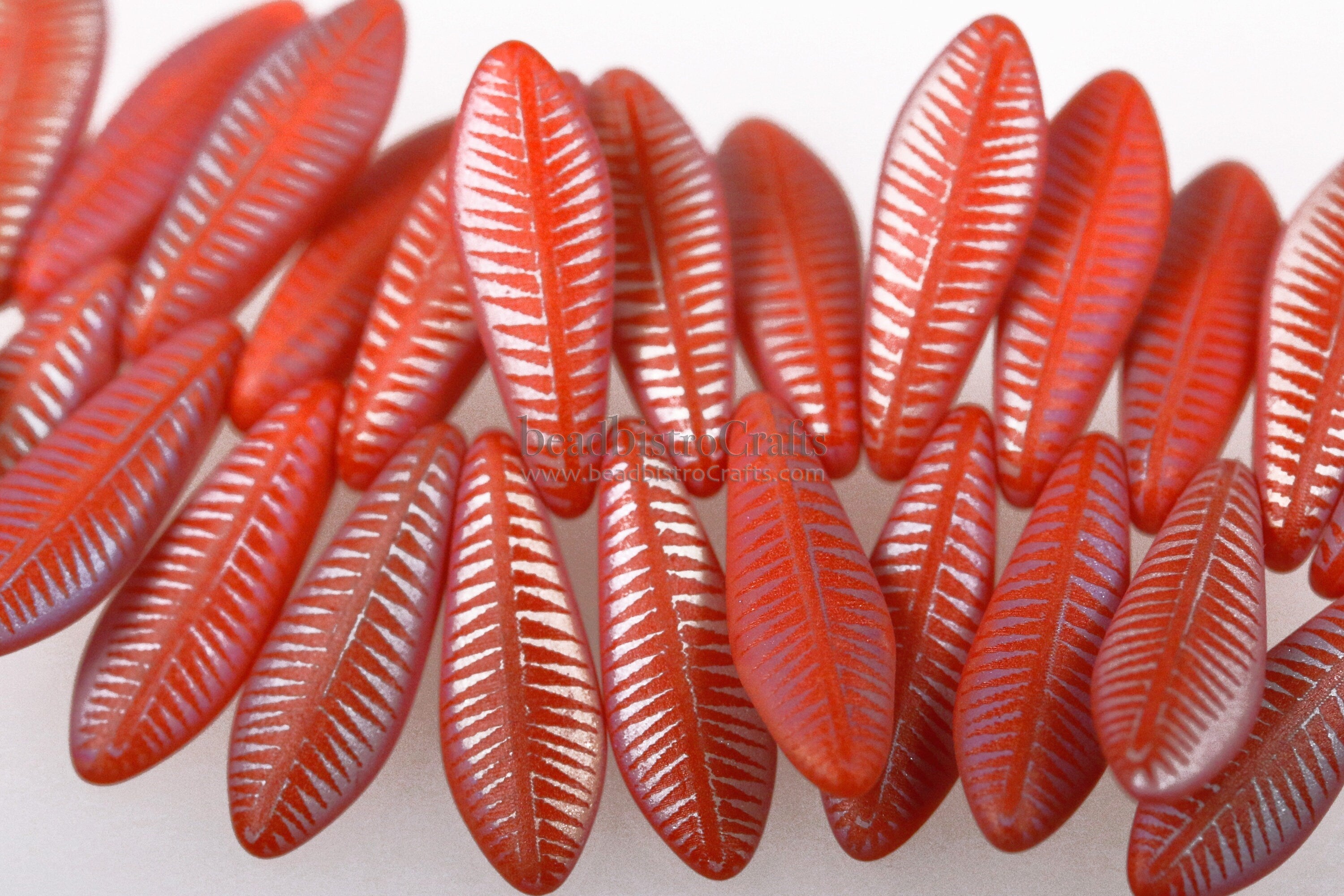 25pcs Czech Glass LASER Tattoo Dagger beads - Opaque Coral FROSTED RAINBOW Feather - 16x5mm - Czech glass Daggers