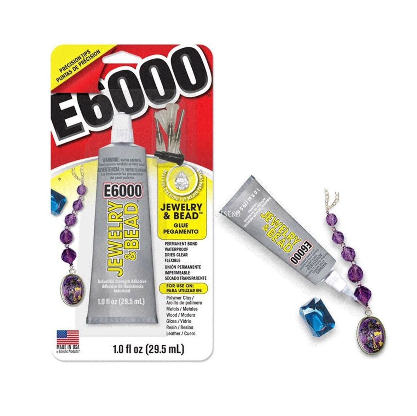 E6000 Jewelry & Bead Glue includes 4 Precision Tips - 1oz (29.5ml) - Easily bonds to polymer clay, metals, wood, leather Flatback Crystals