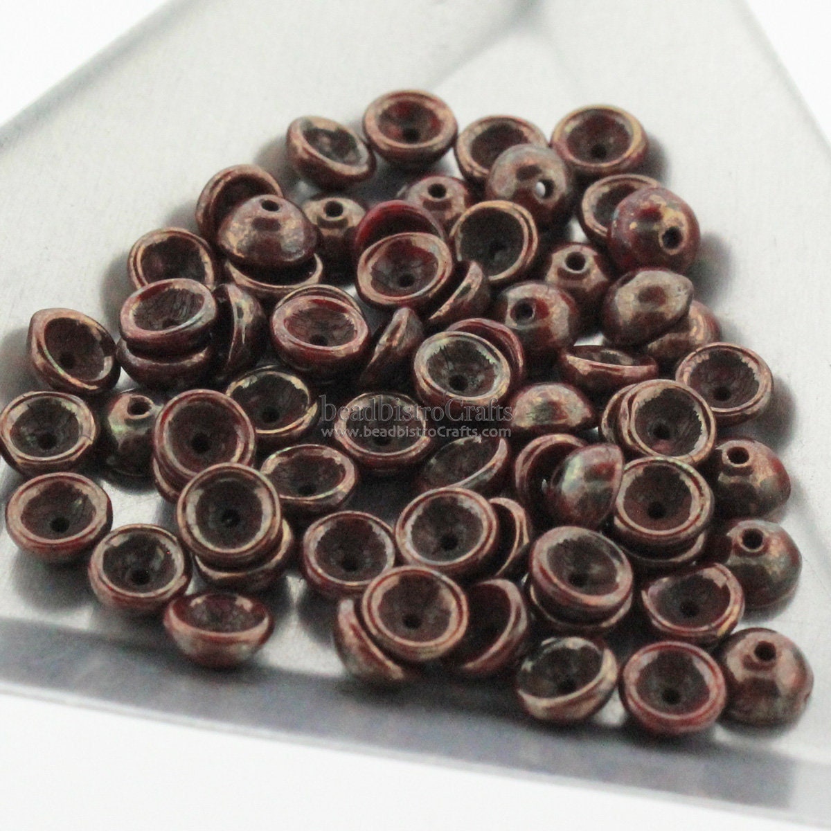 100pcs * NEW TeaCup bead 2x4mm Czech glass tea cup bead - Opaque Red BRONZE PICASSO -  4mm glass bead cap beads