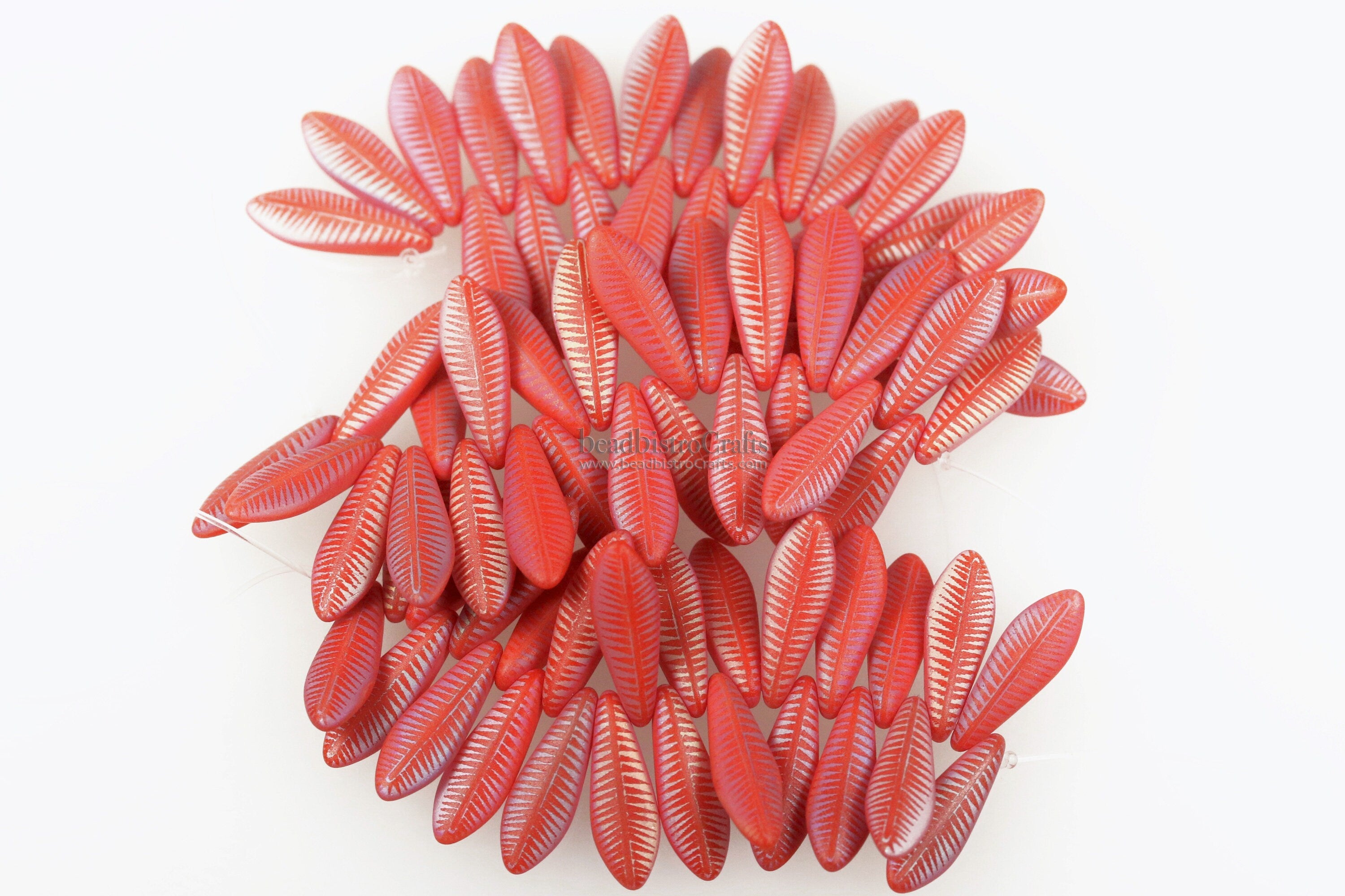 25pcs Czech Glass LASER Tattoo Dagger beads - Opaque Coral FROSTED RAINBOW Feather - 16x5mm - Czech glass Daggers