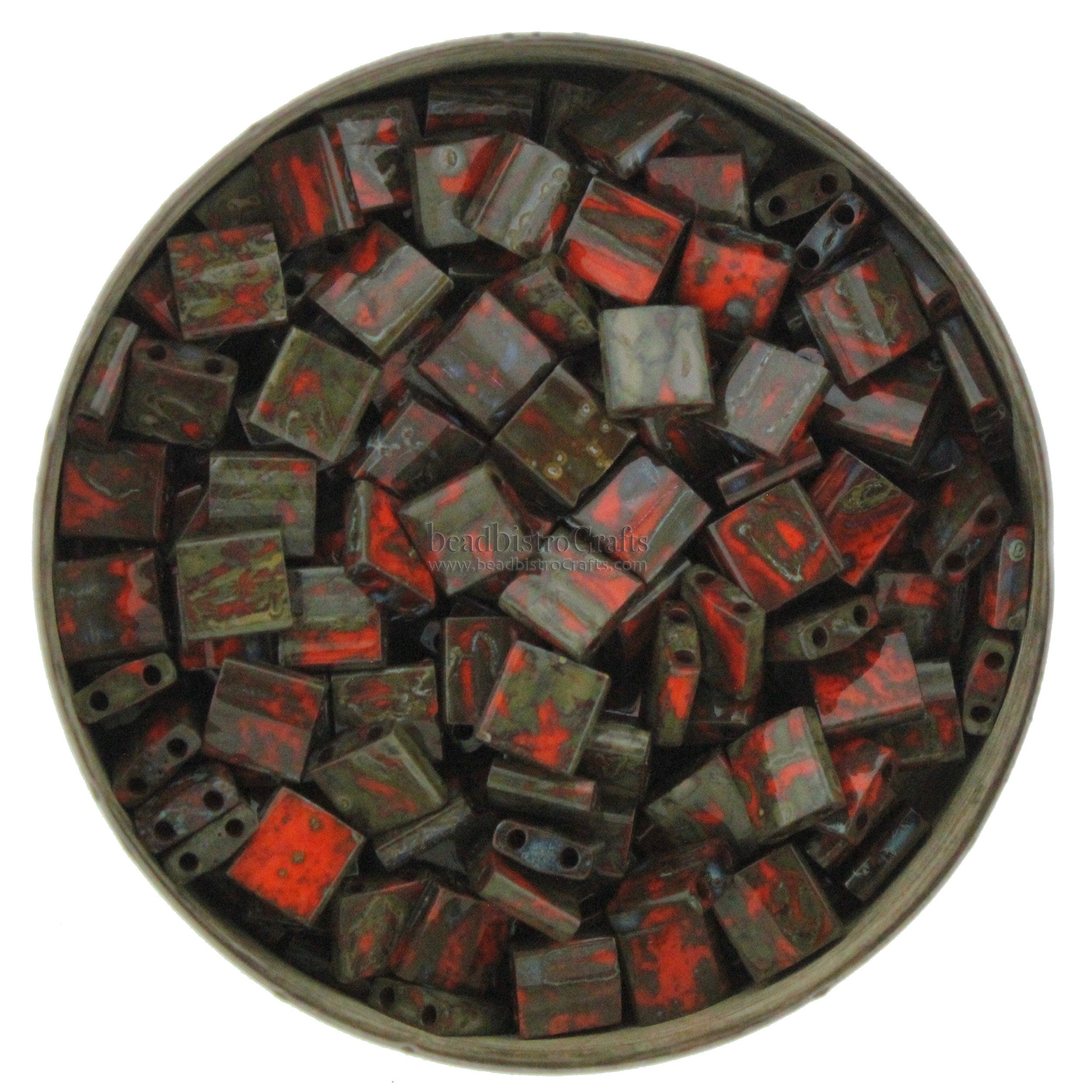 10g MIYUKI - Tila Beads - Opaque Orange PICASSO - size 5mm x 5mm x 1.9mm - 2 hole - Tila Tile beads 4520