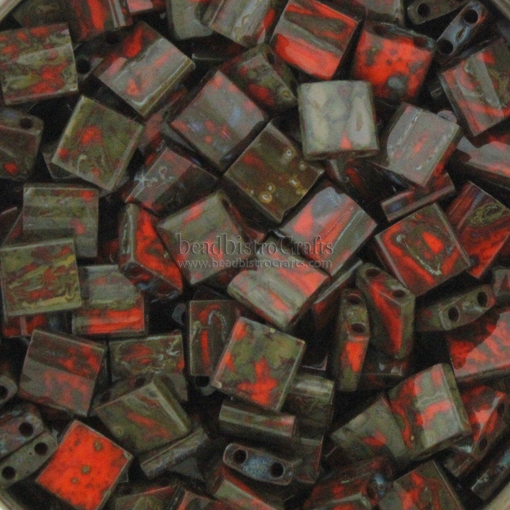 10g MIYUKI - Tila Beads - Opaque Orange PICASSO - size 5mm x 5mm x 1.9mm - 2 hole - Tila Tile beads 4520