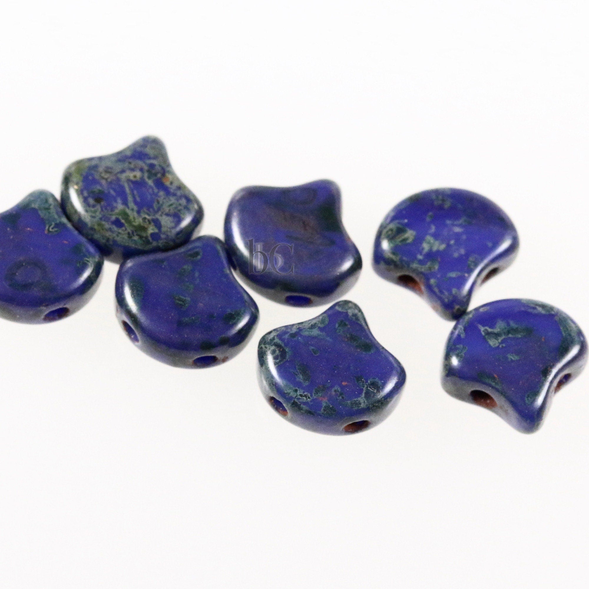 30pcs Czech 2-hole GINKO beads - Ginko Duo - Opaque Royal Blue TRAVERTINE Ginko bead - 7.5x7.5mm