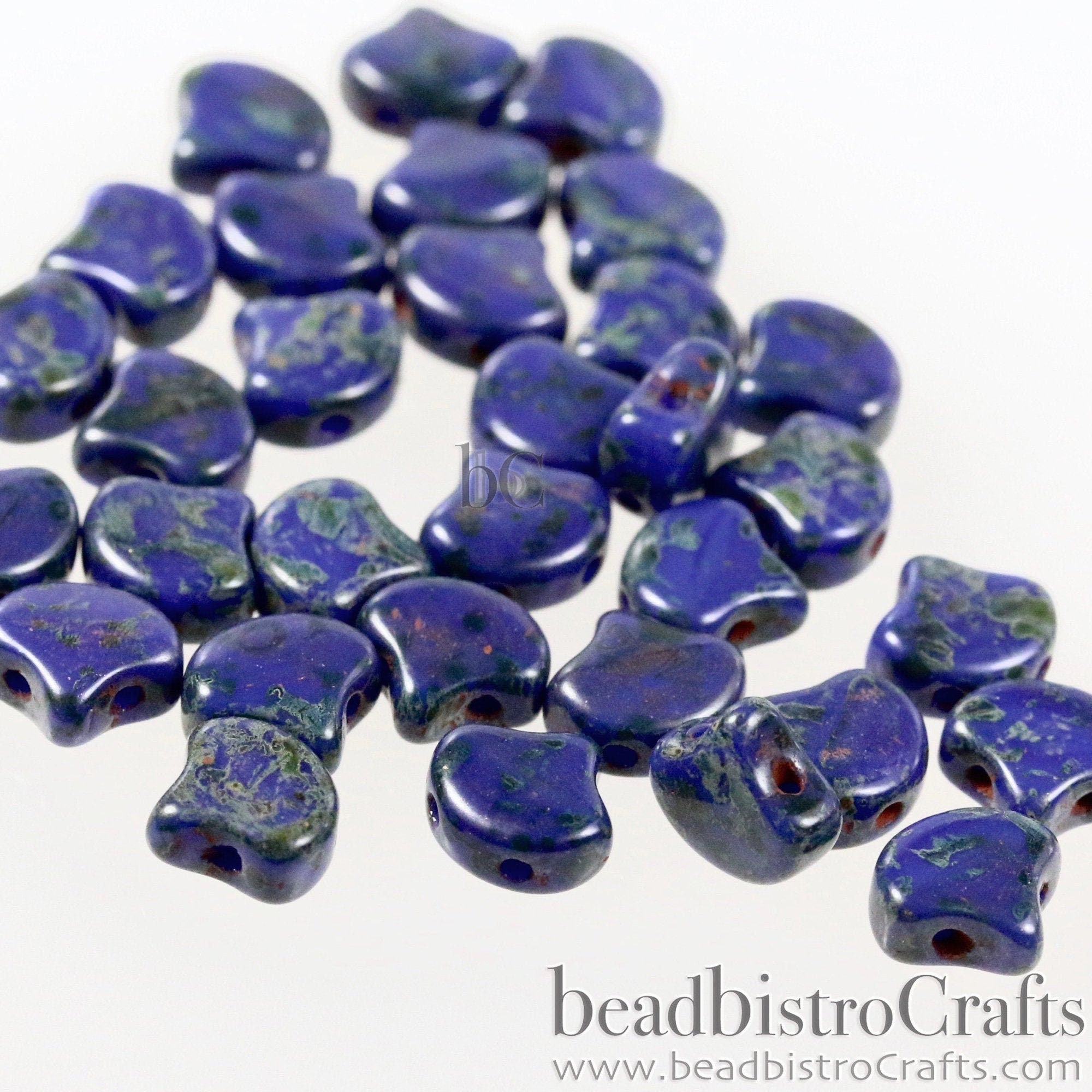 30pcs Czech 2-hole GINKO beads - Ginko Duo - Opaque Royal Blue TRAVERTINE Ginko bead - 7.5x7.5mm