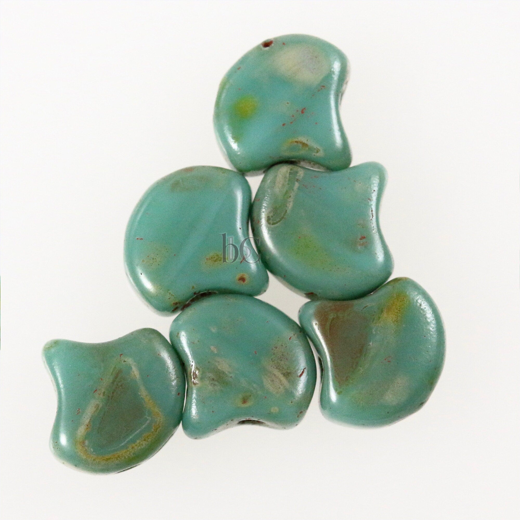 30pcs Czech 2-hole GINKO beads - Ginko Duo - Green Turquoise Dk TRAVERTINE Ginko bead - 7.5x7.5mm