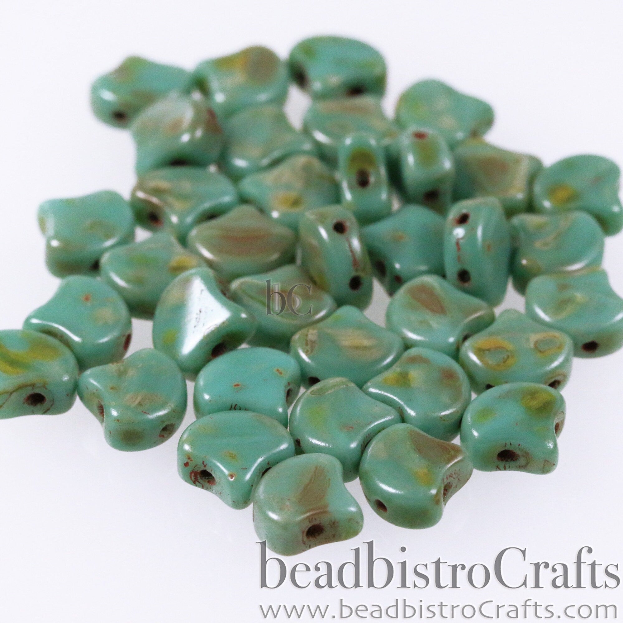 30pcs Czech 2-hole GINKO beads - Ginko Duo - Green Turquoise Dk TRAVERTINE Ginko bead - 7.5x7.5mm