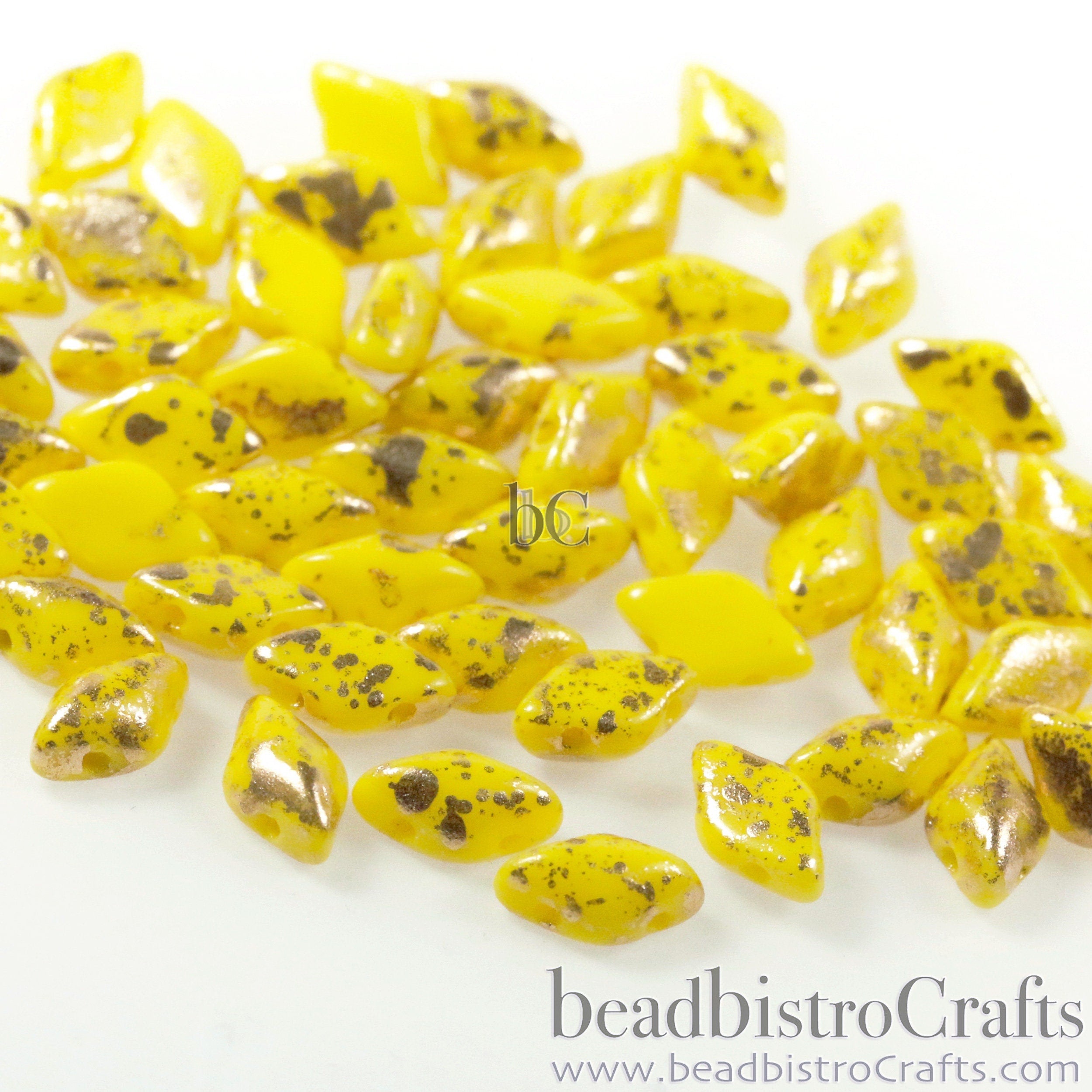 70pcs Czech GEMDUO beads - 2 hole beads - GOLD SPLASH Opaque Lemon Yellow - 5x8mm