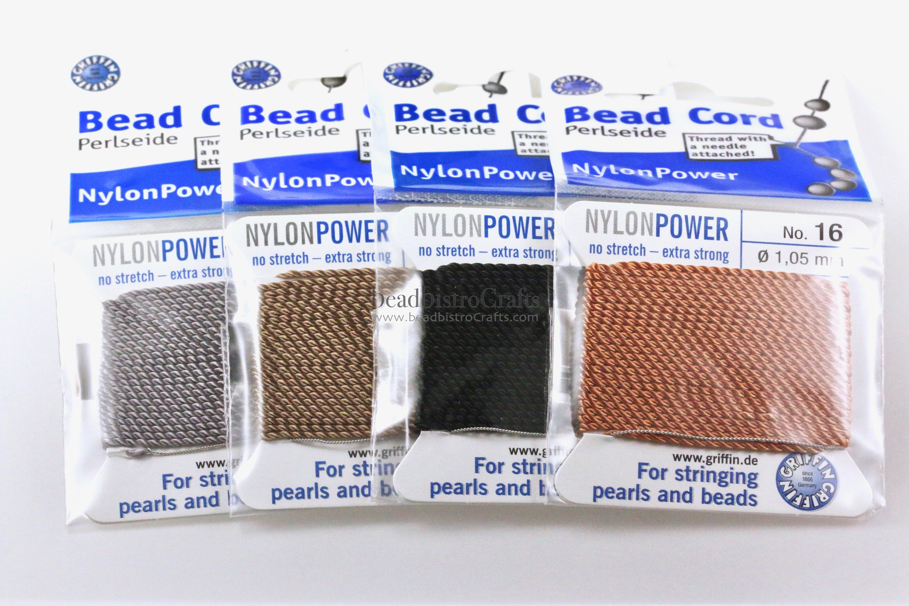 NylonPower No. 16 CORD - Griffin Nylon beading Cord with Stainless Steel Twisted wire needle - 2 meter length - 1.05mm - Made in Germany