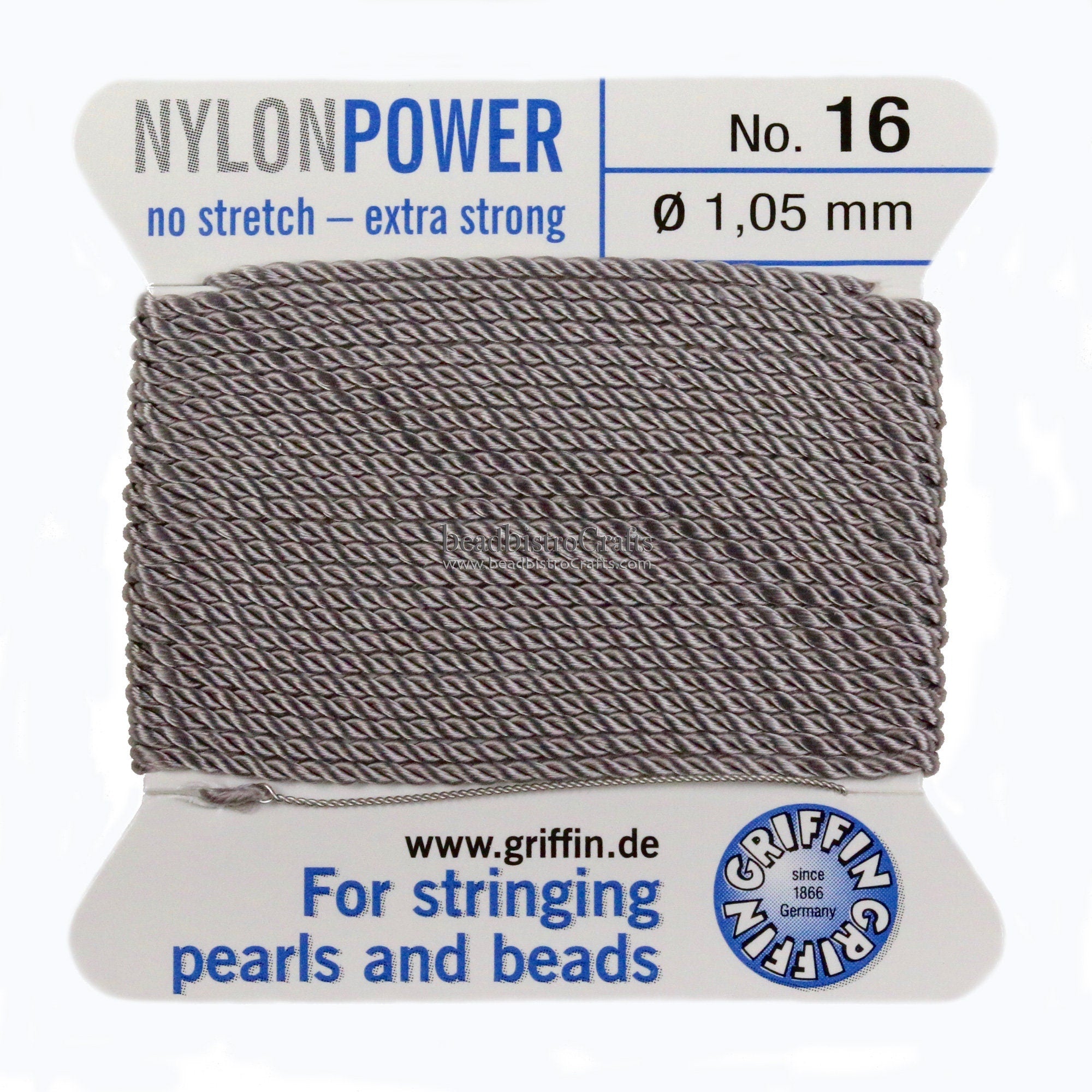 NylonPower No. 16 CORD - Griffin Nylon beading Cord with Stainless Steel Twisted wire needle - 2 meter length - 1.05mm - Made in Germany