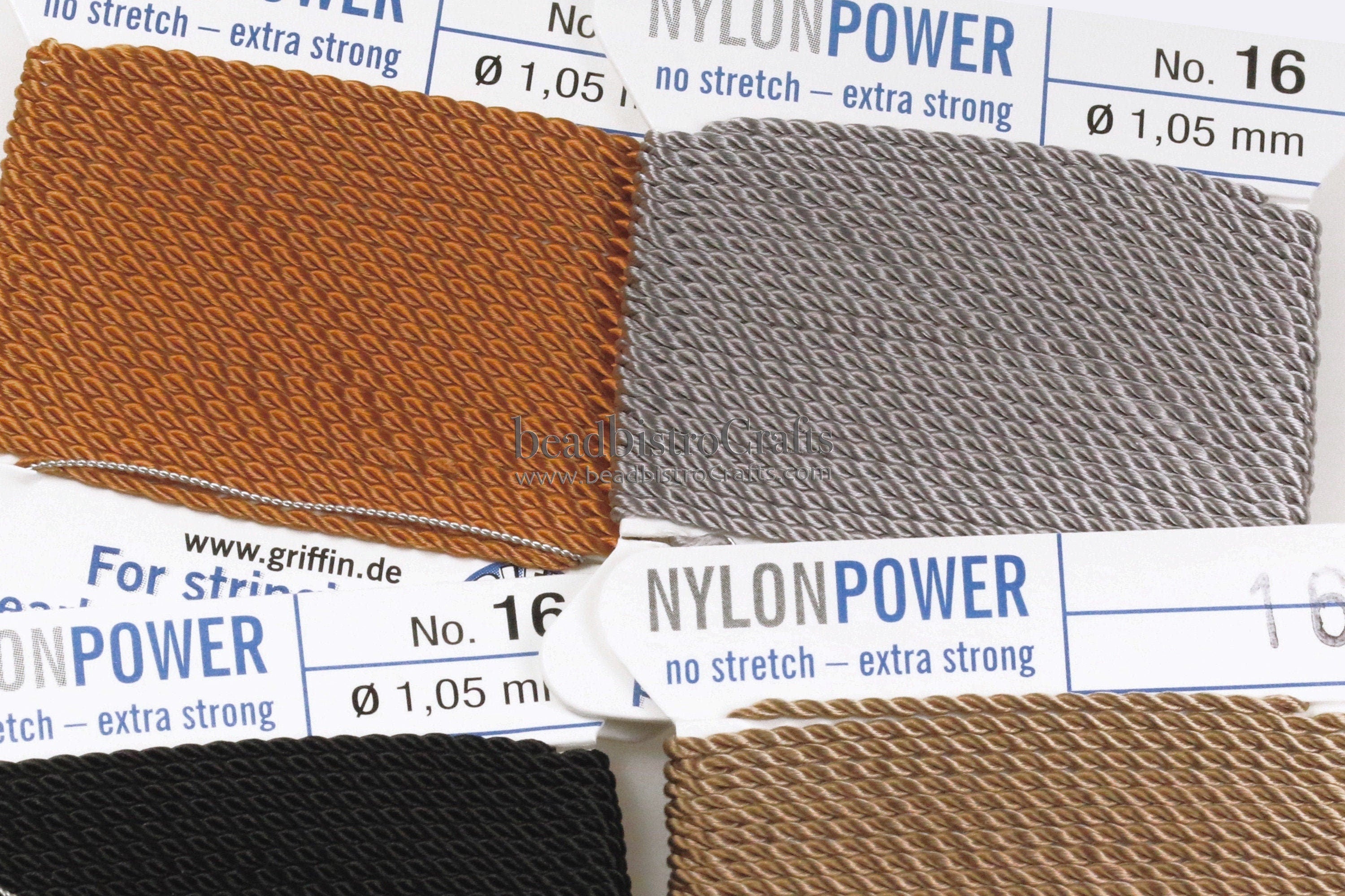 NylonPower No. 16 CORD - Griffin Nylon beading Cord with Stainless Steel Twisted wire needle - 2 meter length - 1.05mm - Made in Germany