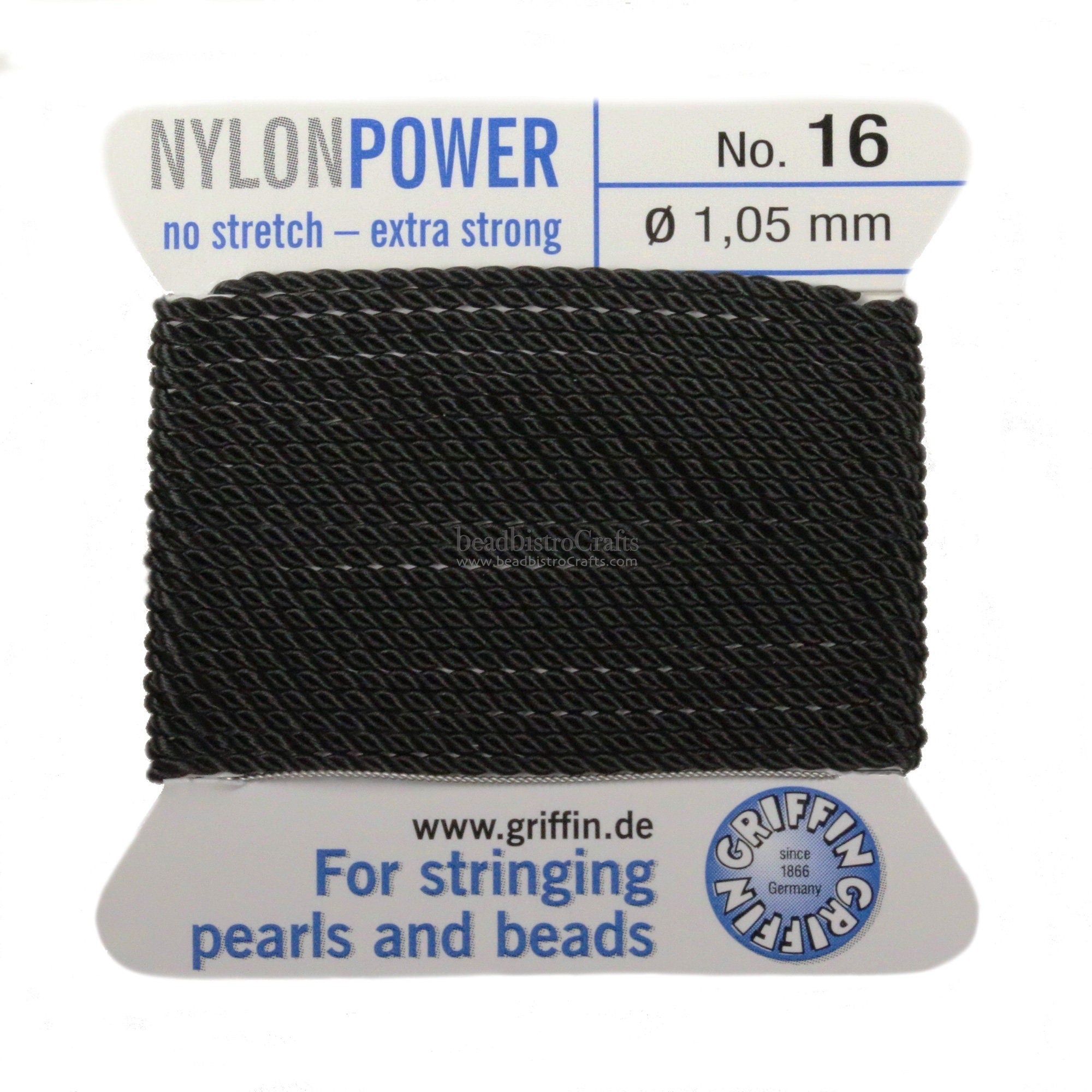 NylonPower No. 16 CORD - Griffin Nylon beading Cord with Stainless Steel Twisted wire needle - 2 meter length - 1.05mm - Made in Germany