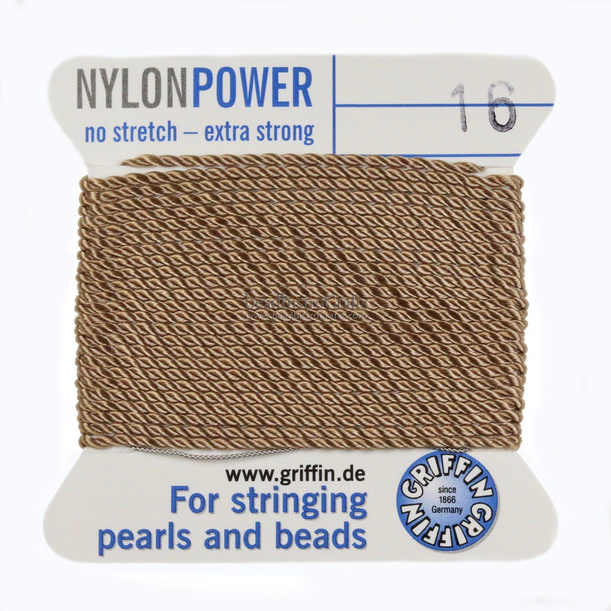 NylonPower No. 16 CORD - Griffin Nylon beading Cord with Stainless Steel Twisted wire needle - 2 meter length - 1.05mm - Made in Germany