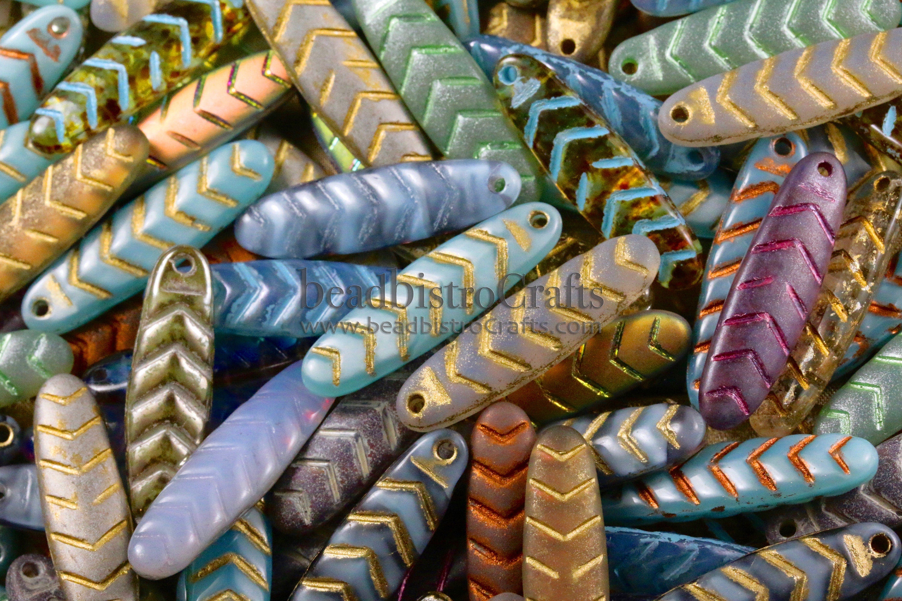 2pcs CHEVRON DAGGERS * Original Czech Glass Bead - Aqua Blue OPAL Silk / Copper Wash - 30x9mm Dagger Beads - front drill