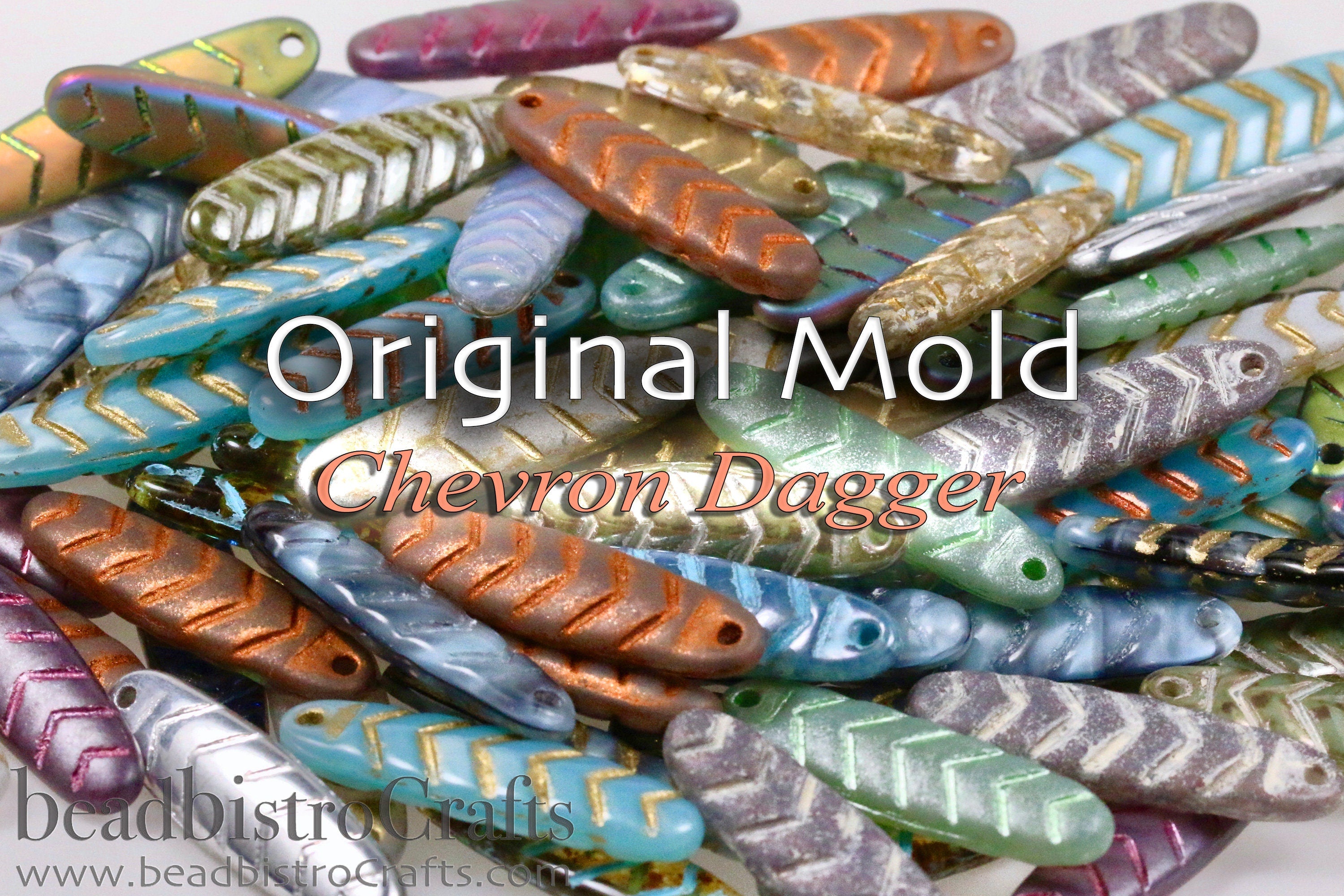 2pcs CHEVRON DAGGERS * Original Czech Glass Bead - Aqua Blue OPAL Silk / Copper Wash - 30x9mm Dagger Beads - front drill