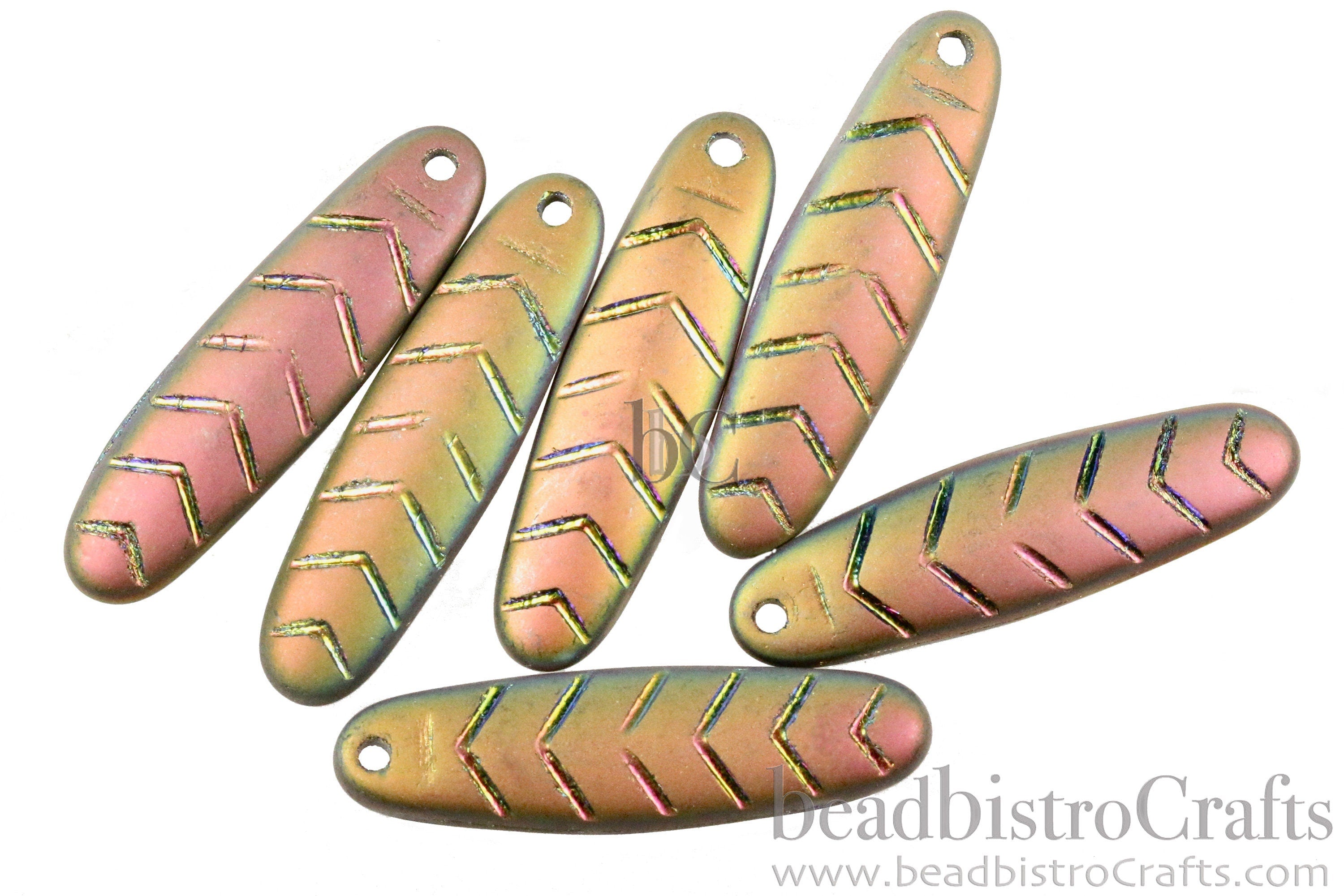 2pcs CHEVRON DAGGERS * Original Czech Glass Beads - Matted Opaque Olive VITRAIL - 30x9mm Dagger Beads - front drill - 0.9mm hole size