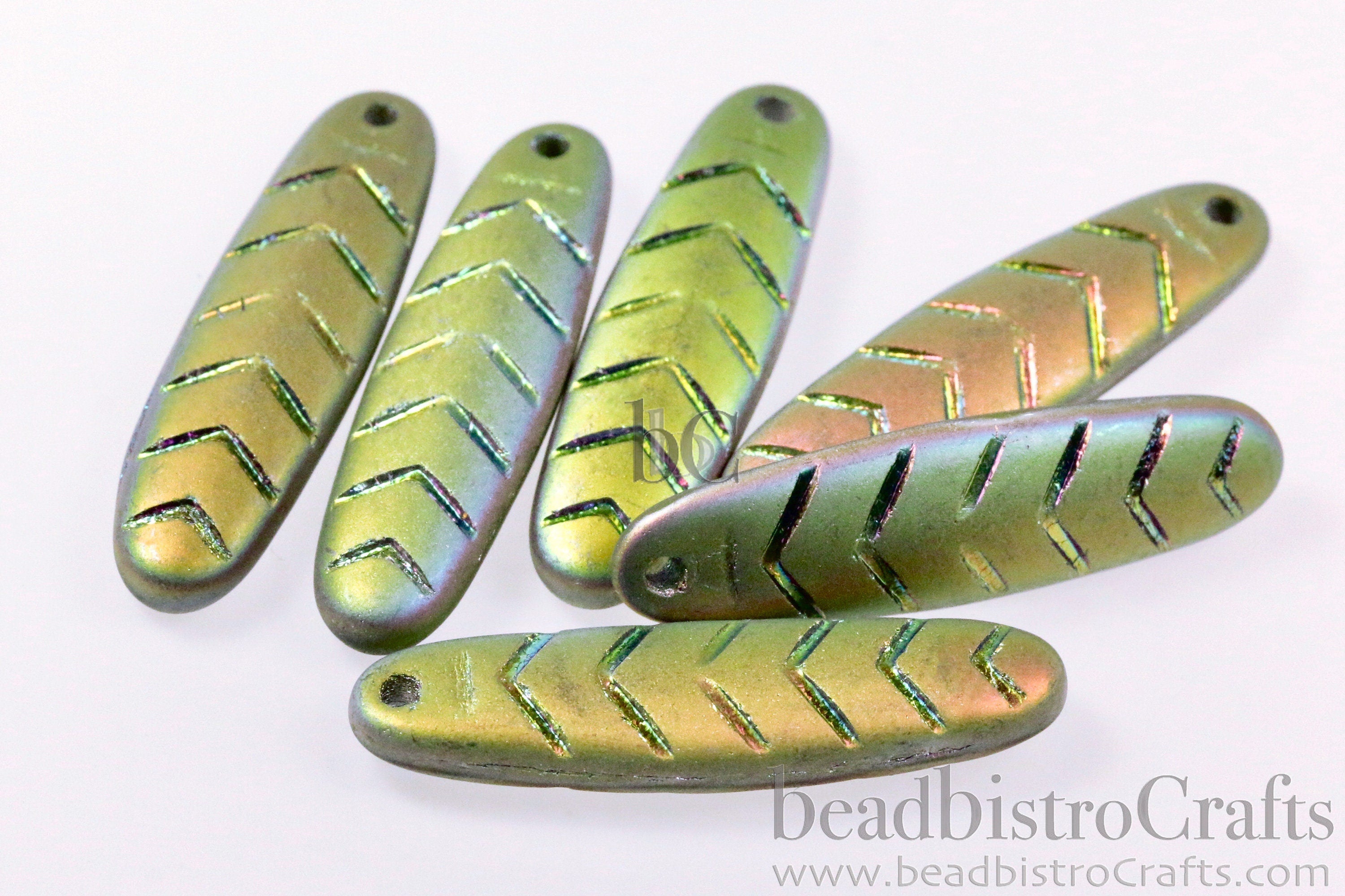 2pcs CHEVRON DAGGERS * Original Czech Glass Beads - Matted Opaque Olive VITRAIL - 30x9mm Dagger Beads - front drill - 0.9mm hole size