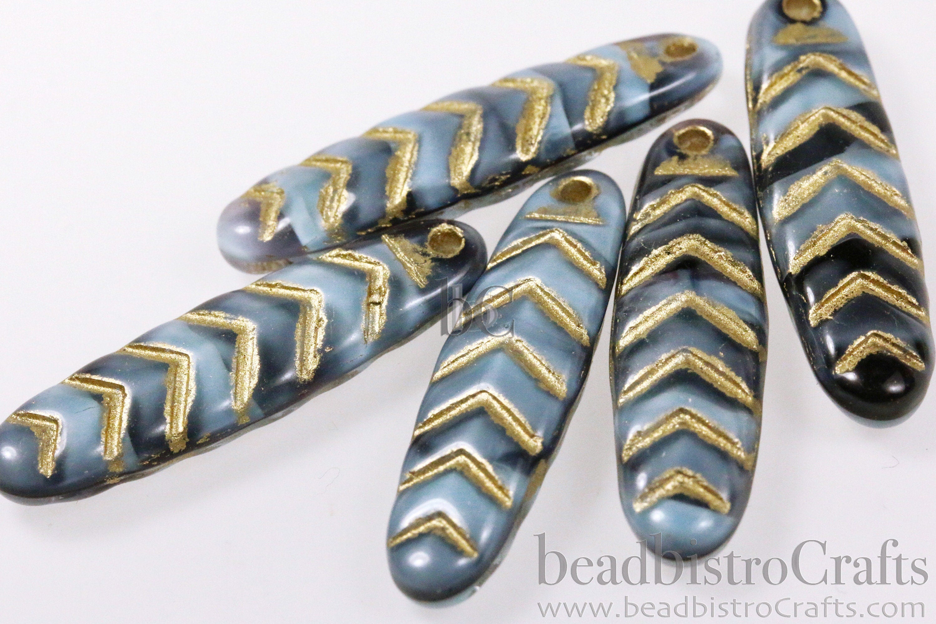 2pcs CHEVRON DAGGERS * Original Czech Glass Bead - Opaque Lt Blue & Black SILKY / Gold Wash  - 30x9mm Dagger Beads - front drill