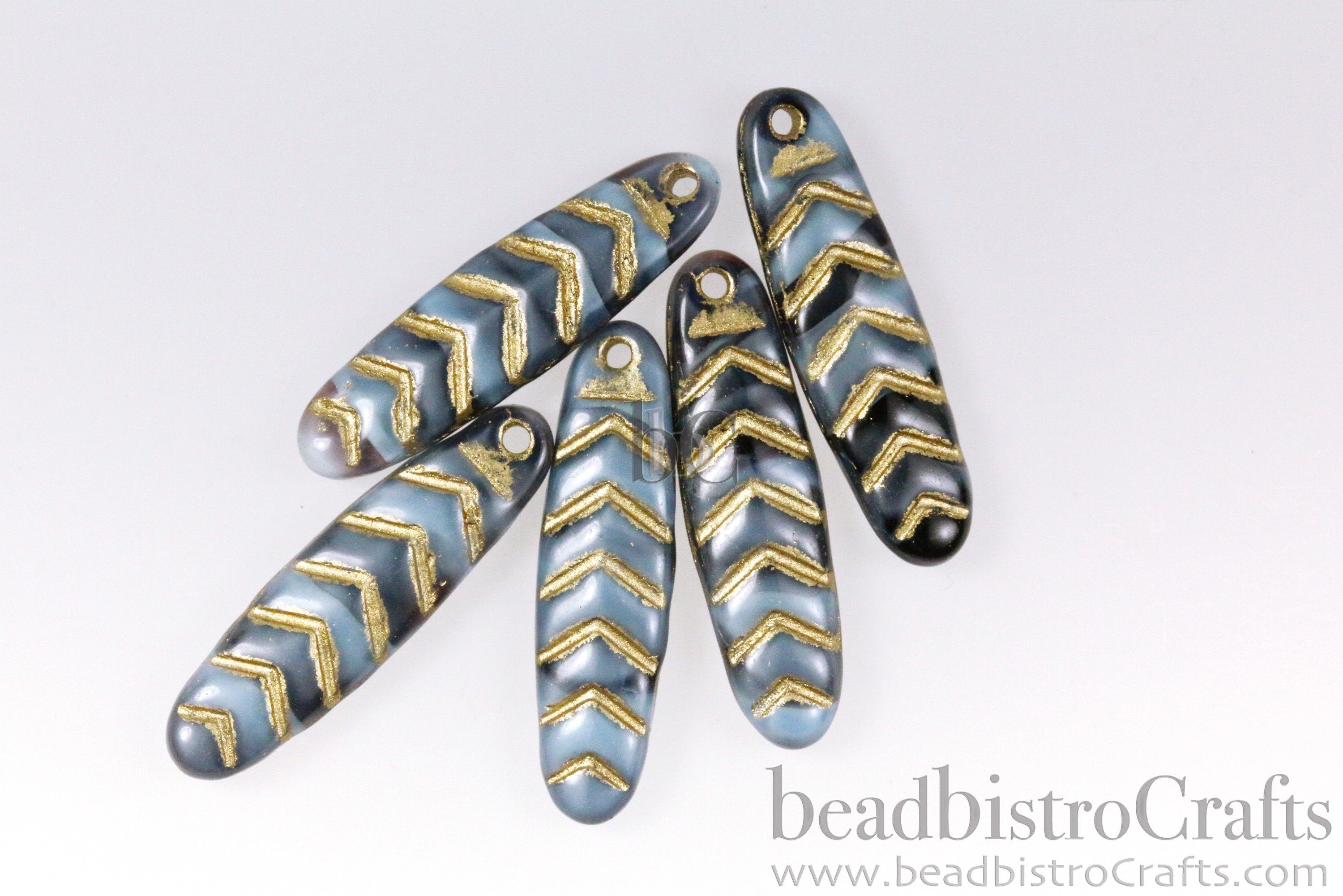 2pcs CHEVRON DAGGERS * Original Czech Glass Bead - Opaque Lt Blue & Black SILKY / Gold Wash  - 30x9mm Dagger Beads - front drill