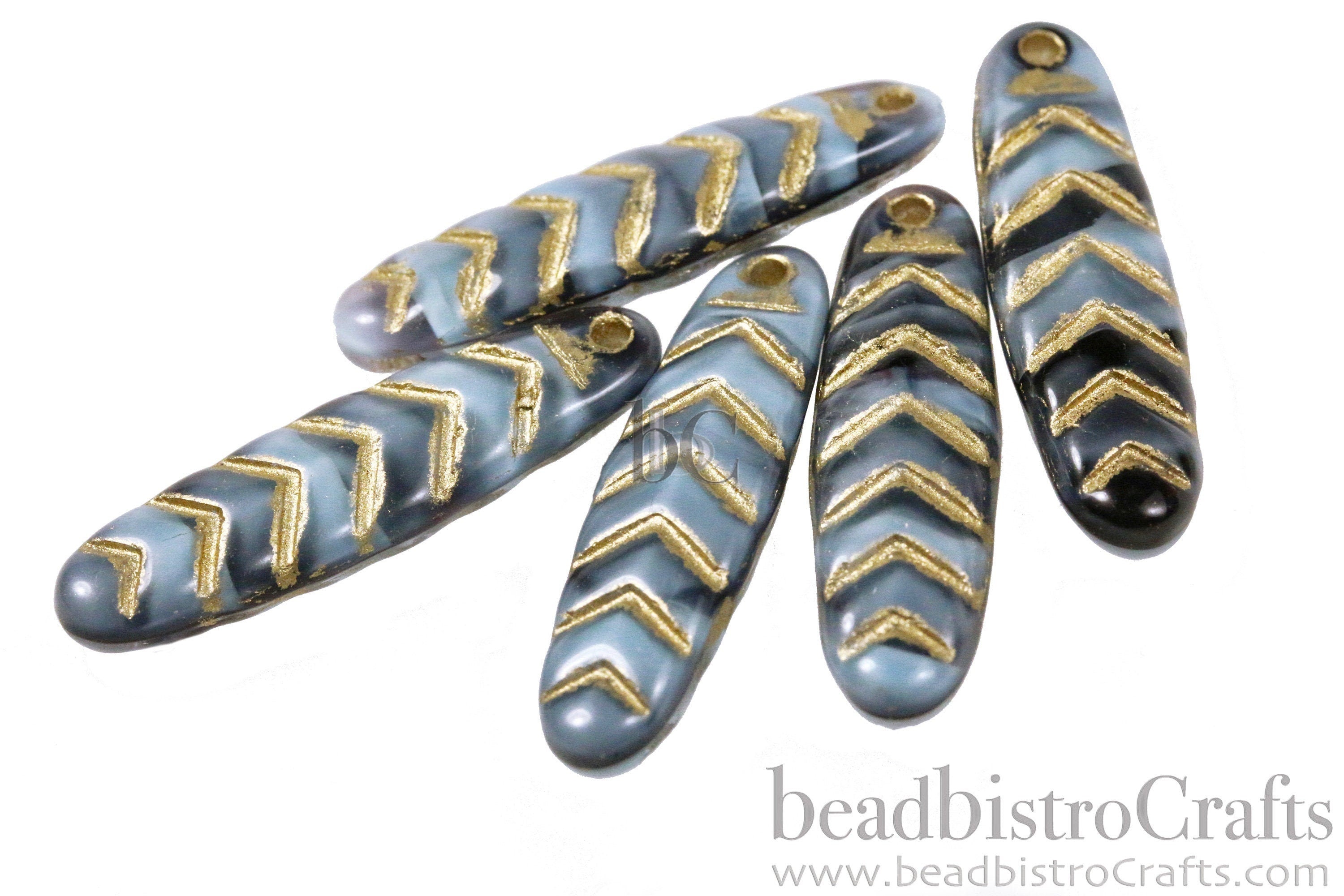 2pcs CHEVRON DAGGERS * Original Czech Glass Bead - Opaque Lt Blue & Black SILKY / Gold Wash  - 30x9mm Dagger Beads - front drill