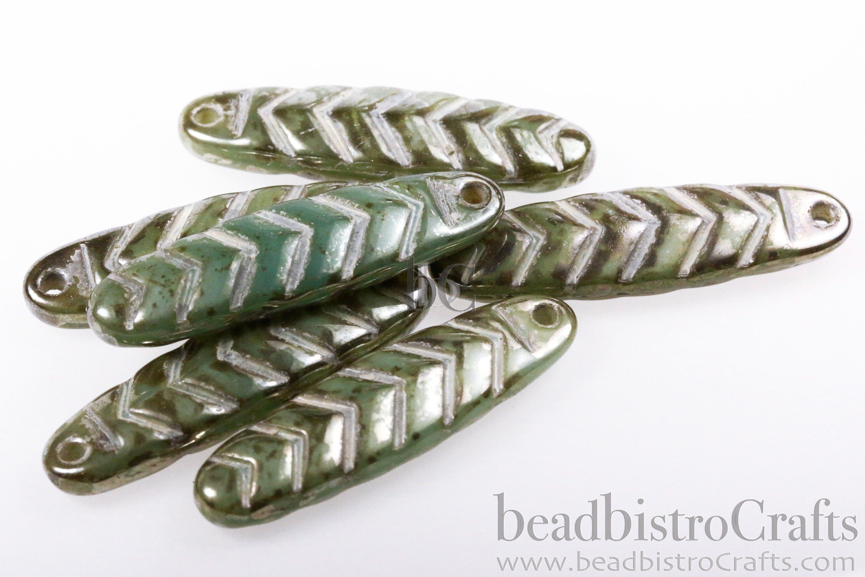 2pcs CHEVRON DAGGERS * Original Czech Glass Bead - Aqua Golden Olive PICASSO Lustered / Ant White - 30x9mm Dagger Beads - front drill