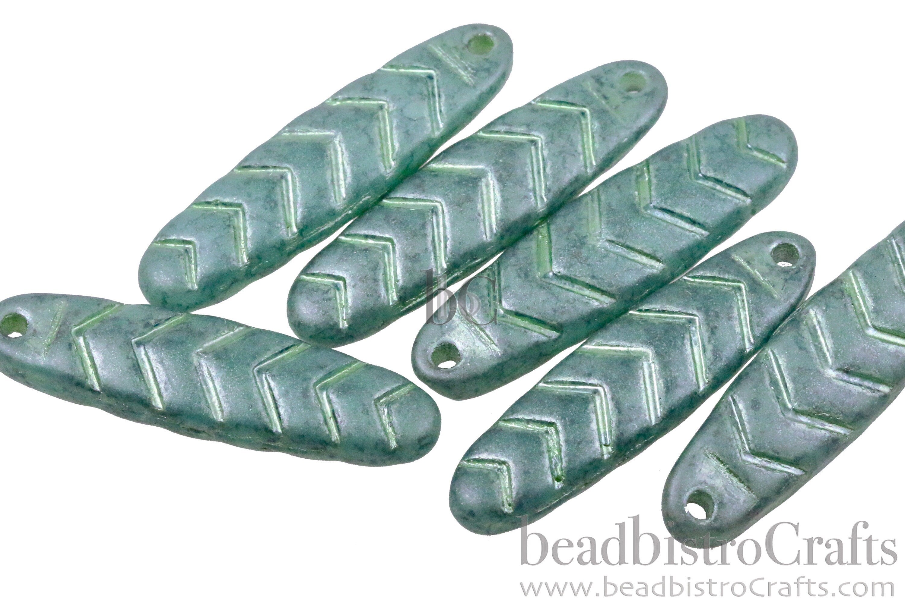 2pcs CHEVRON DAGGERS * Original Czech Glass Bead - Opal Silk Matte Met SAGE Lustered /Mint Wash - 30x9mm Dagger Beads - front drill