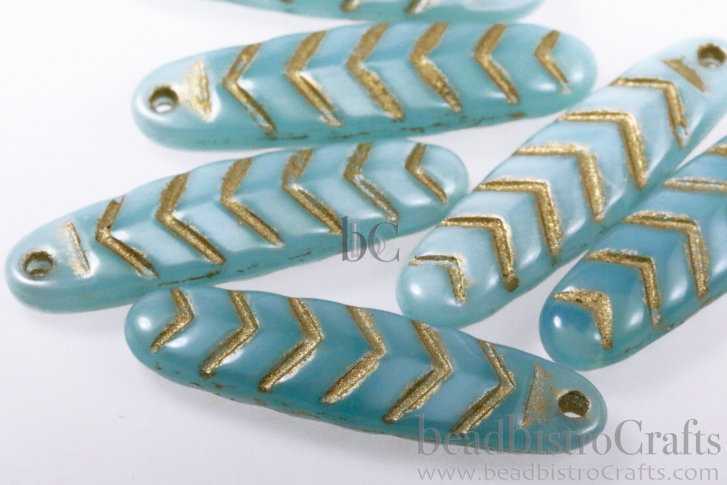 2pcs CHEVRON DAGGERS * Original Czech Glass Bead - Aqua Blue OPAL Silk / Gold Wash - 30x9mm Dagger Beads - front drill