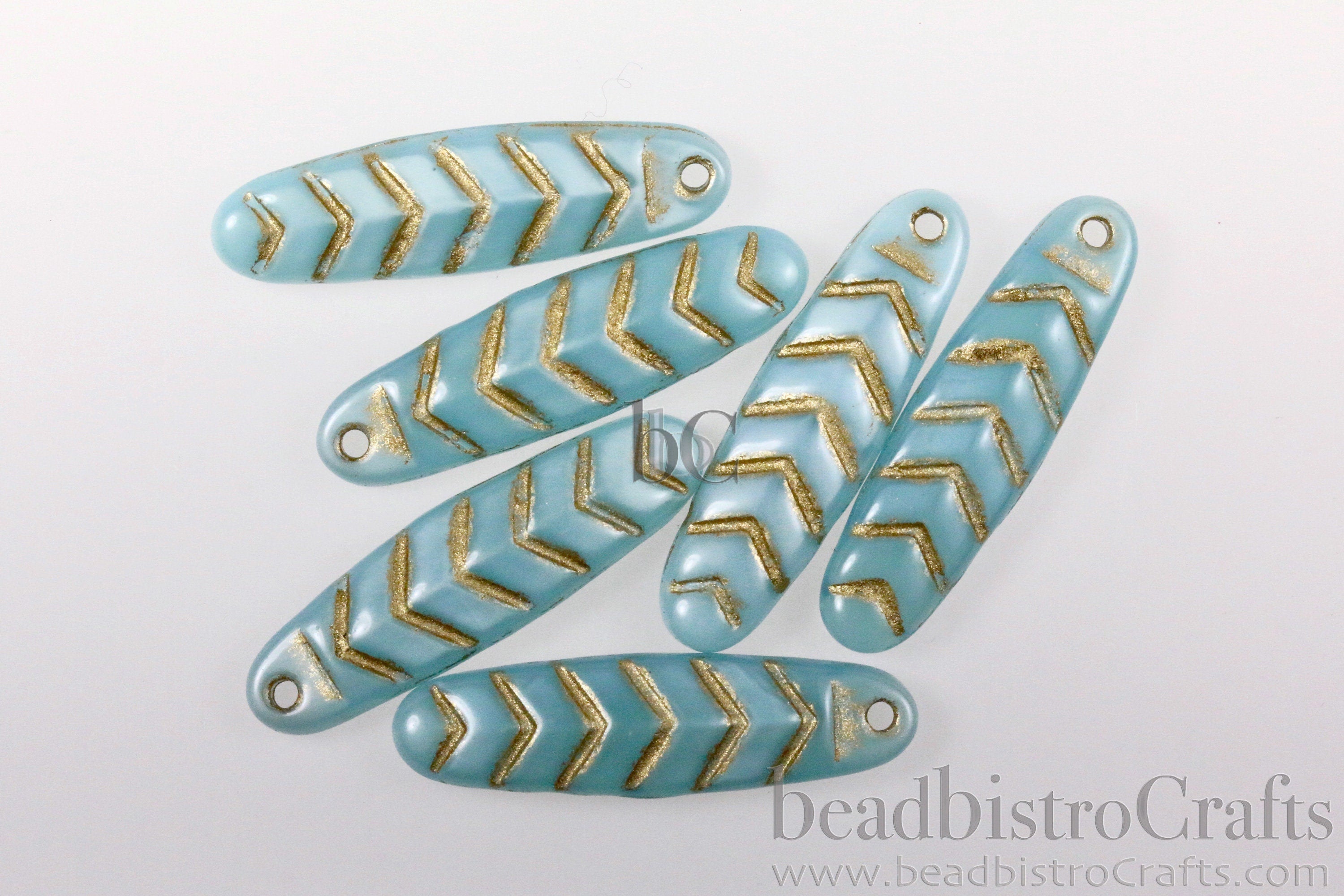 2pcs CHEVRON DAGGERS * Original Czech Glass Bead - Aqua Blue OPAL Silk / Gold Wash - 30x9mm Dagger Beads - front drill